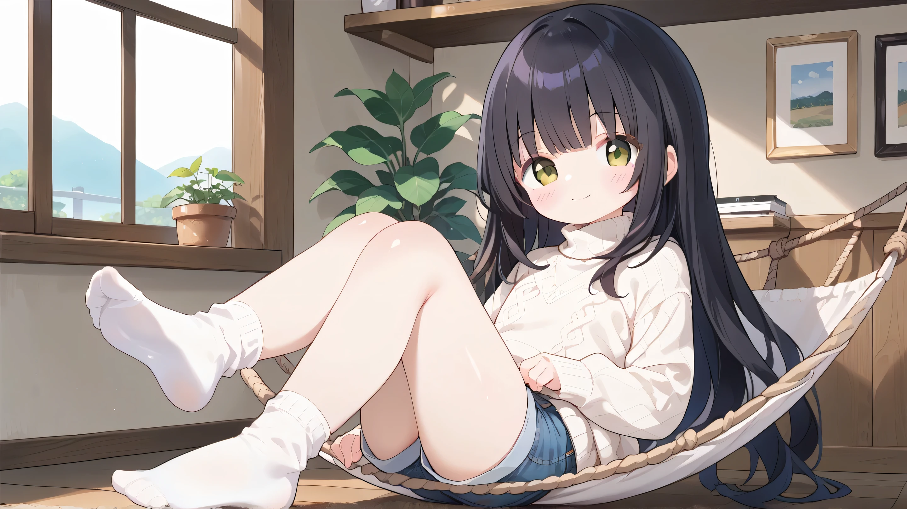 score_9,score_8_up,score_7_up,source_anime,1girl,solo,sweater,shorts,black hair,looking at viewer,blush,smile,long hair,sleeves past wrists,white sweater,short shorts,indoors,brown eyes,bangs,sitting,closed mouth,thighs,long sleeves,turtleneck,window,blue shorts,turtleneck sweater,plant,wooden floor,white socks,feet,foot_focus,denim,rope,hammock,knees up,denim shorts,,