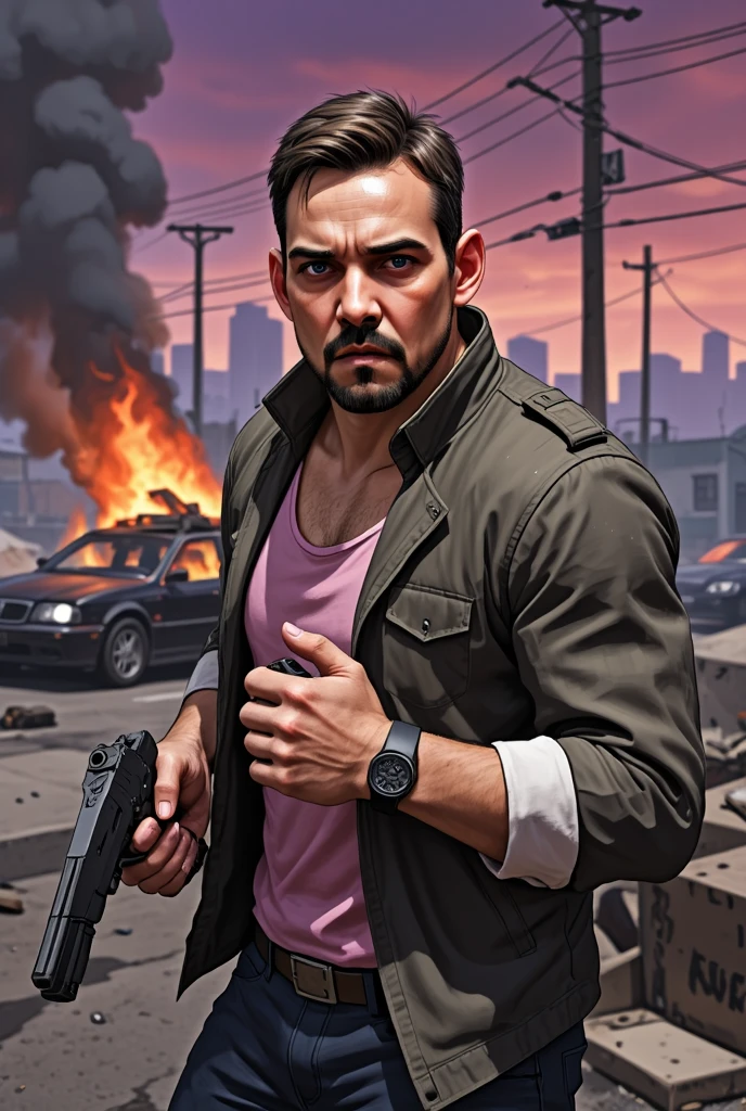 Cartoon art, GTA V Style. a young man, about 30 years old, in dynamic pose, holding 2 pistolas, in action scene, dynamic Angle, handsome man, detailed illustration, vivid colors, burning car in background. 