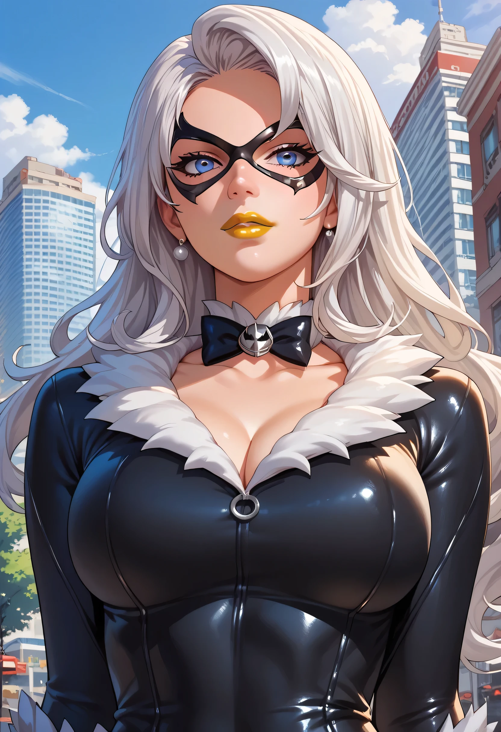 woman, white hair, white skin, big breasts, anime style, yellow lipstick, long hair, blue eyes, mask, top of building, Black Cat