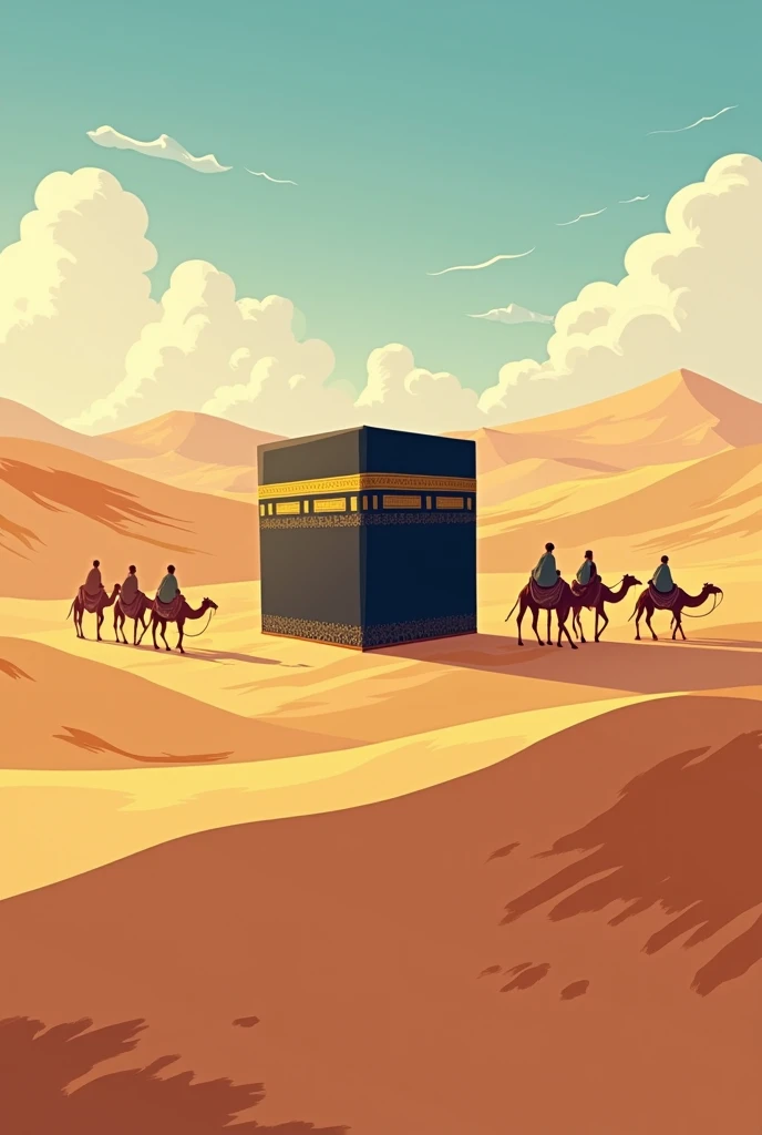 Depict a serene desert landscape with golden sand dunes, under a clear blue sky. In the foreground, a young boy of around , symbolizing Hazrat Muhammad ﷺ, is seen from behind, walking hand-in-hand with Hazrat Halima. They are near a lush palm tree, offering shade. In the distance, the beautiful Kaaba stands majestically, surrounded by a few traditional structures, but without showing any faces. The scene captures the peacefulness of the desert and the sacredness of the moment