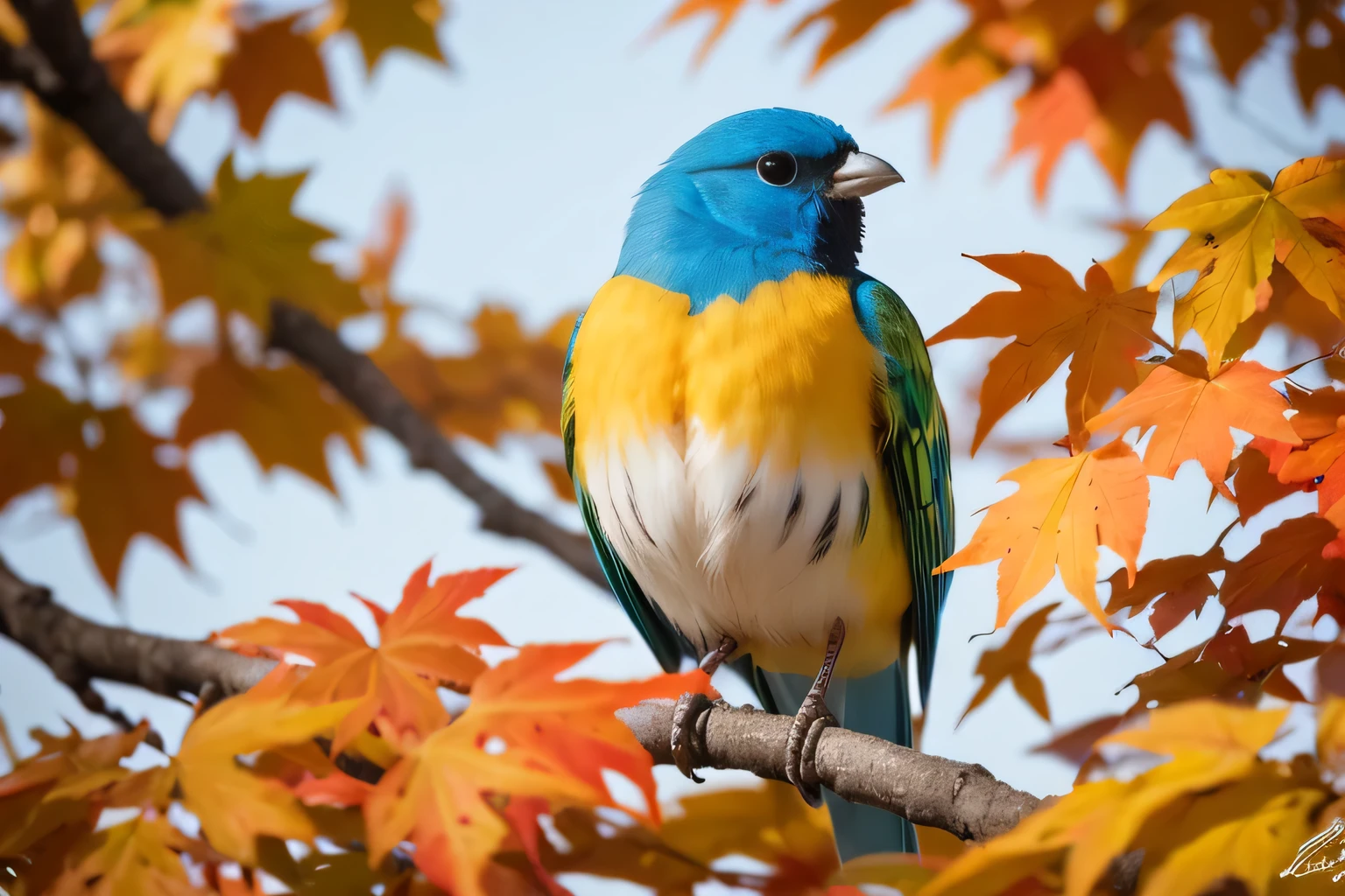 Araffy bird perched on a branch in front of a tree with leaves - SeaArt AI