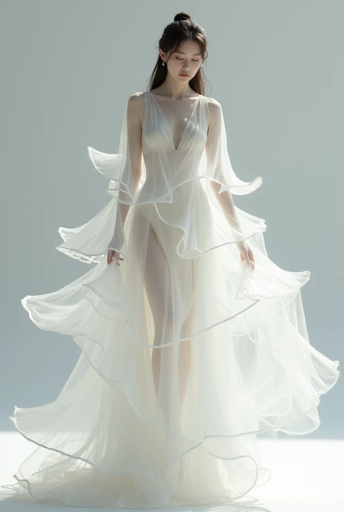 A beautiful Japanese girl is depicted in a vertical, ultra-realistic illustration, surrounded by flowing, translucent fabric. She has delicate features and long, flowing hair that adds to the ethereal quality of the image. She wears a thin, intricately designed dress that appears almost weightless as it billows around her. Her pose is graceful and fluid, with her arms raised and fingers delicately entwined in the fabric, giving the impression of movement and lightness.
The background is a soft, luminous setting with light filtering through the fabric, creating a dreamlike and airy atmosphere. The artist employs digital painting techniques to achieve high detail and realism, particularly in the textures of the fabric, her hair, and the intricate details of the dress. The lighting is soft and diffused, casting gentle shadows and highlights that enhance the serene and elegant mood of the scene.