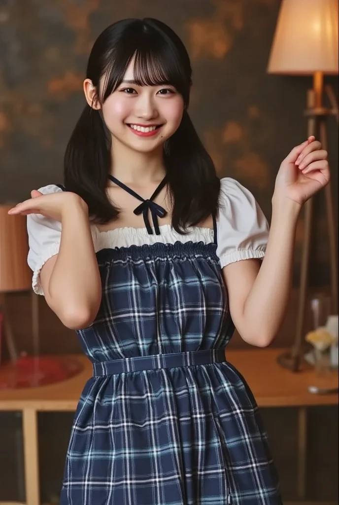 （8K、Raw photography、highest quality、masterpiece：1.2),(black haired、very short hair:1.8),(twin mitsu braid:1.4)、show viewer,Looking at the front,erotic,白いskin,(She is wearing a pink and light blue plaid dress. 。.:1.7)、()、(Clothing that emphasizes the shape of your chest、publish one&#39;skin:1.8)、(big breasts :1.4)、slim body shape、ultra high resolution,beautiful,beautiful fece,(alone、no background:1.9),whole bodyボディー,japanese woman,（Photoreal：1.37）、photon mapping,reality、(Baby-faced and cute: 1.1)、(cute smile: 1.7)、(With a round face: 1.7)、radio city、Physically based rendering、depth of field rally background、photograph, (I can see your knees、spread your legs wide、I can see white pants、close up of thighs:1.5),whole body、super fine