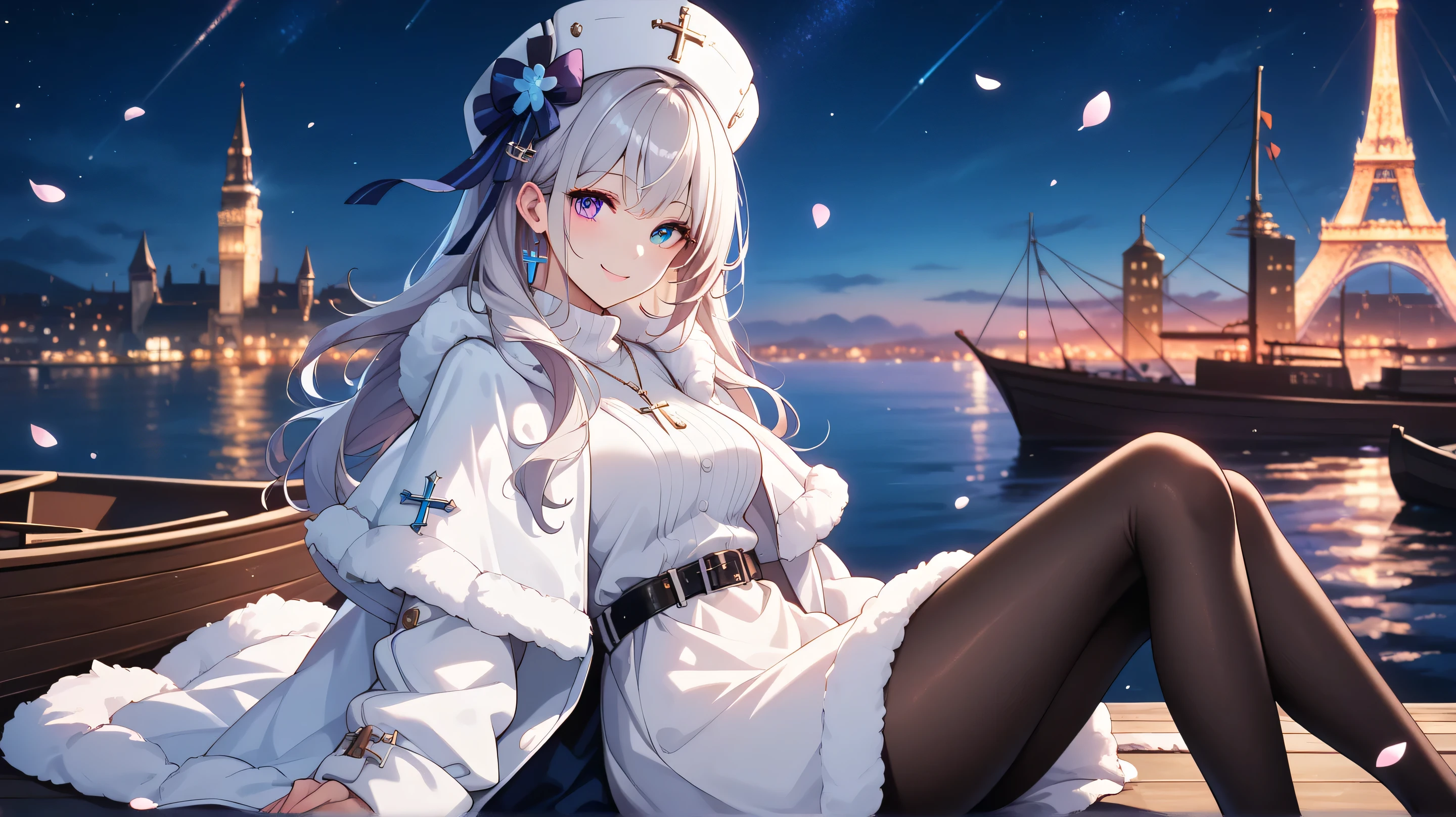 score_9, score_8_up, score_8, medium breasts, (curvy), cute, eyelashes, ,,, , ,,, zzMurmansk, long hair, purple eyes, heterochromia, blue eyes, bangs, grey hair, hat, white headwear, cross necklace, fur-trimmed dress, white dress, papakha, black pantyhose, long sleeves, black belt, white coat, capelet, winter coat, BREAK, zzEiffelTower in background, sitting, watercraft, boat, sitting on wall, side view, looking at viewer, smile, ,,, BREAK, blooming stars, luminescent petals, otherworldly fragrance blurry background, ,,, embedding:zPDXL, Expressiveh, ,,,