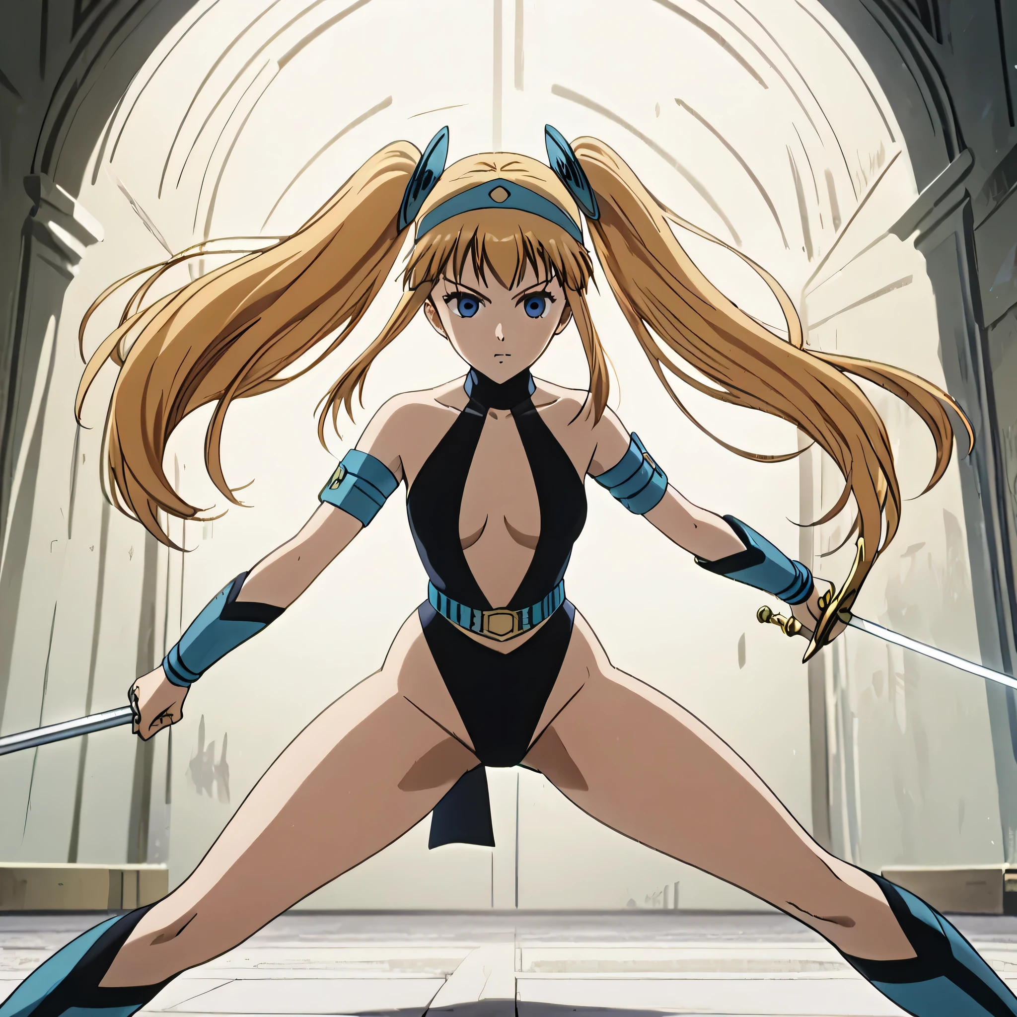 Masterpiece, Top Quality, Super Detailed, (Perfect Face, Detailed Face), 1 Girl, Solo,Blonde, Long Hair, Two Sides Up, Light Dark Skin, Hair Ribbon, small breasts,10's style, (ninja:1.3),(fishnet-bodysuit:1.3), bare shoulders, detached sleeves, cleavage,thighhighs,(ninja sword:1.1), stylish pose, stylish angle, staring viewer in the center of the image, cowboy shot,