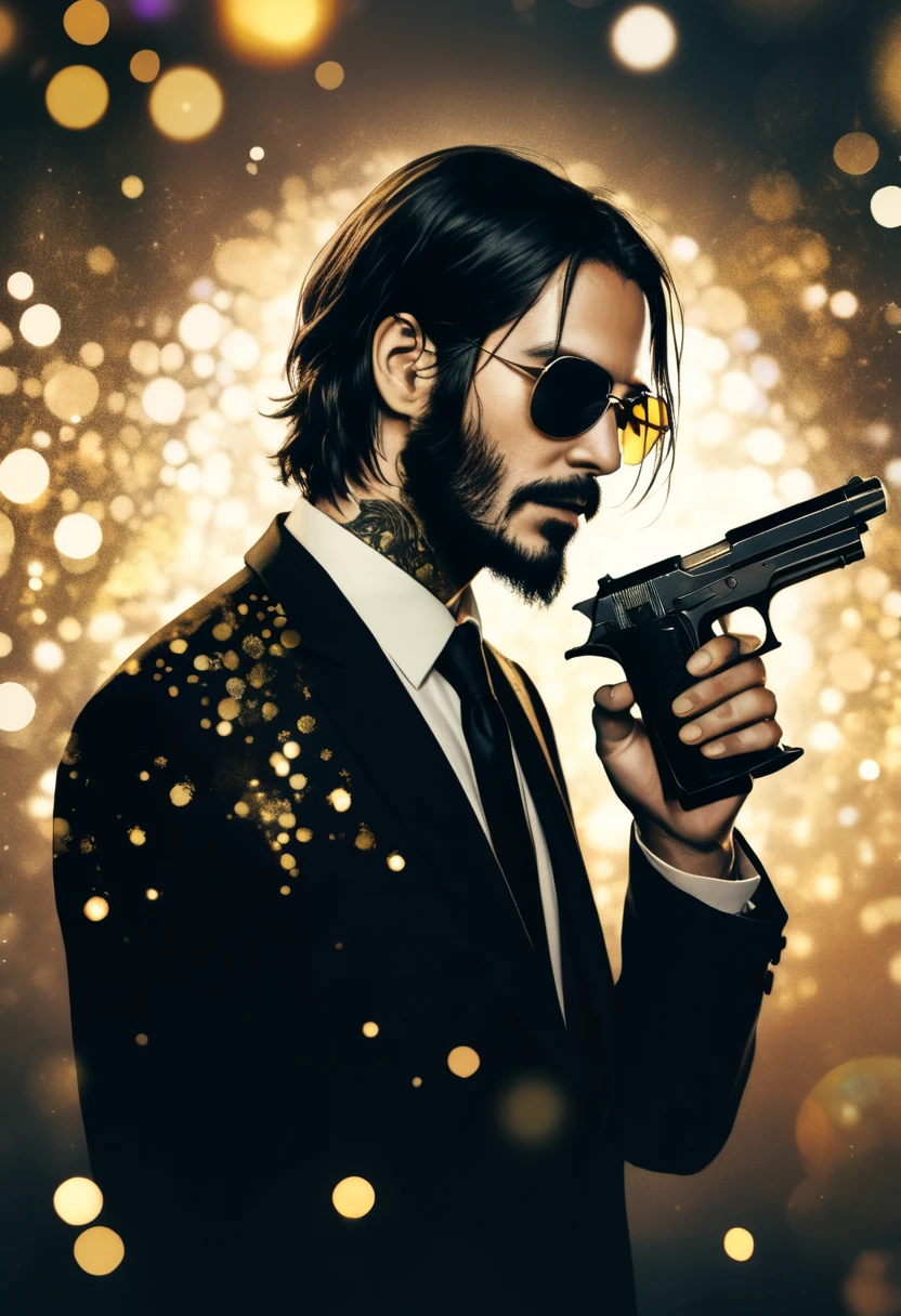 (masterpiece, best quality),(double exposure: 1.2), subtle colors, post-grunge, intricate details, detailed depiction,A whimsical,john wick in a black suit wearing sunglasses holds a pistol. beard. The background is filled with gold spheres floating around them, creating an enchanting atmosphere,retro,lens flare,bokeh,