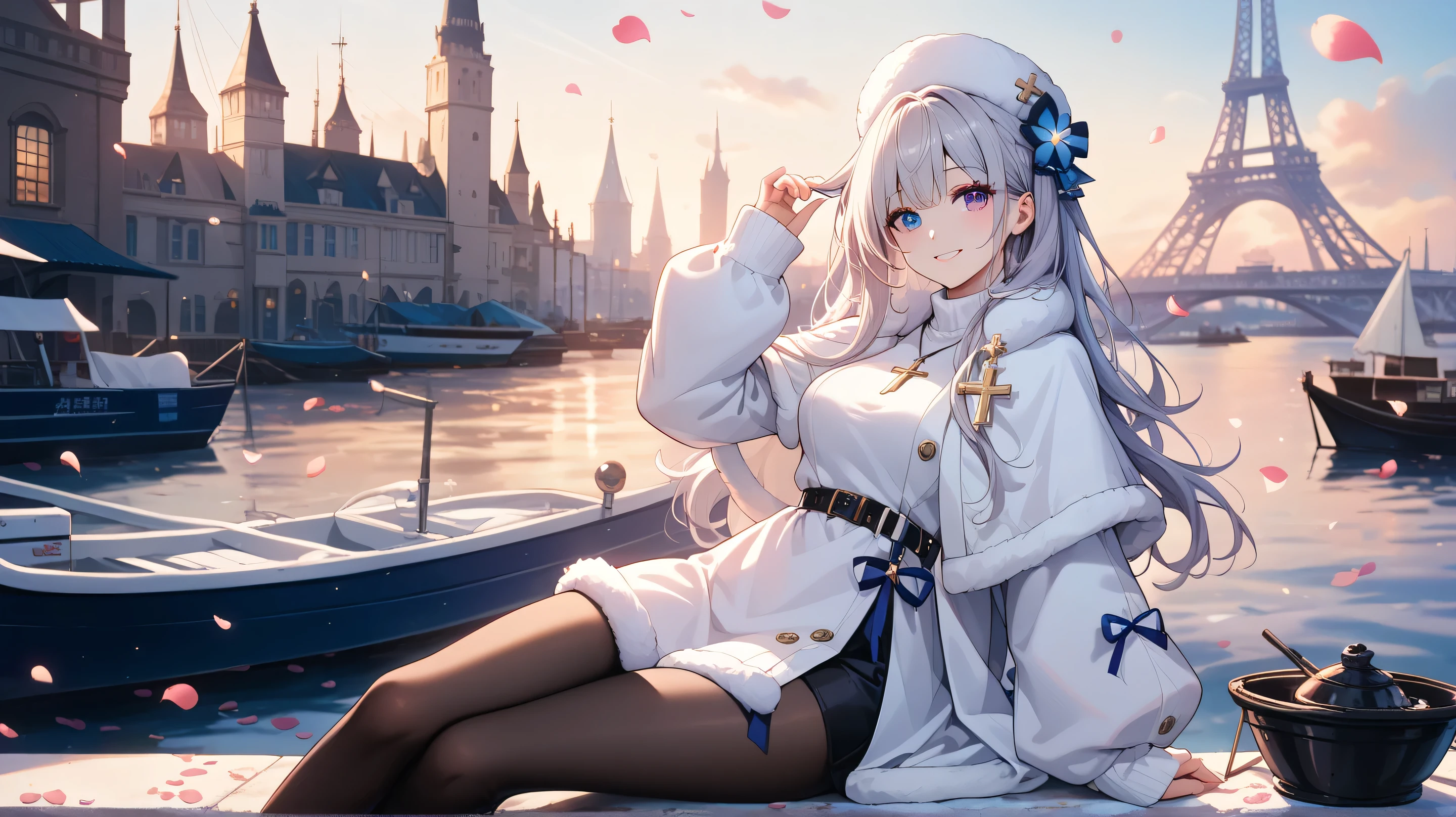 score_9, score_8_up, score_8, medium breasts, (curvy), cute, eyelashes,       ,,, , ,,, zzMurmansk, long hair, purple eyes, heterochromia, blue eyes, bangs, grey hair, hat, white headwear, cross necklace, fur-trimmed dress, white dress, papakha, black pantyhose, long sleeves, black belt, white coat, capelet, winter coat,  BREAK, zzEiffelTower in background, sitting, watercraft, boat, sitting on wall, side view, looking at viewer, smile, ,,, BREAK, blooming stars, luminescent petals, otherworldly fragrance blurry background, ,,, embedding:zPDXL, Expressiveh, ,,, 