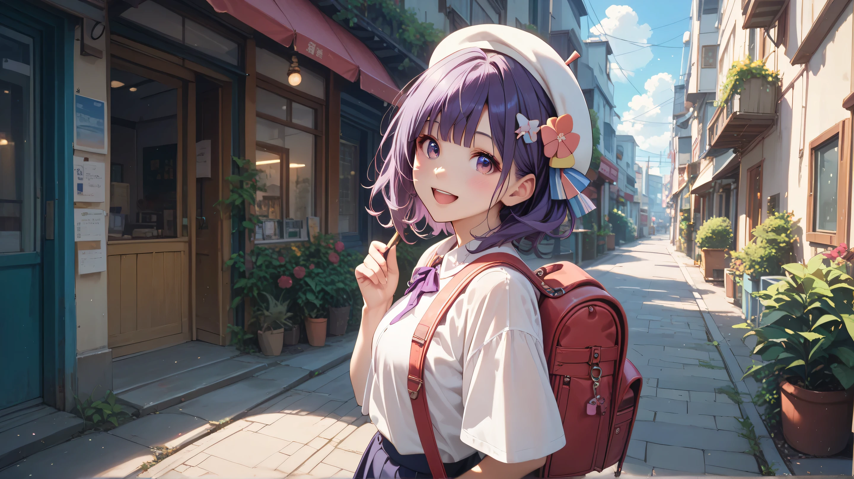 masterpiece,best quality,amazing quality, yokoya riko, purple hair, purple eyes, 1girl, solo, hat, hair ornament, open mouth, smile, backpack, outdoors, bag, looking at viewer, beret, blush, white headwear, white shirt