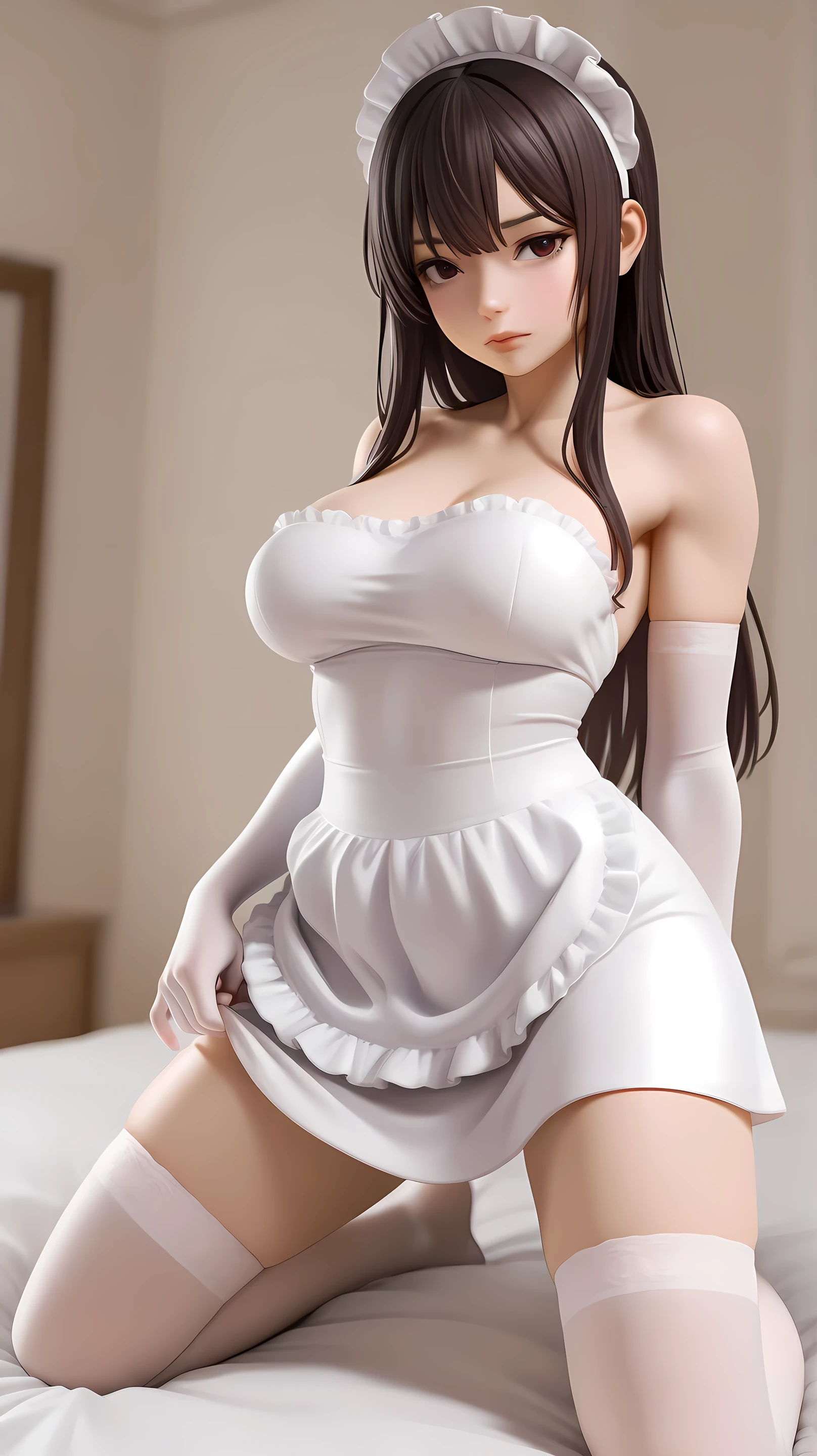 masterpiece, Highest quality, 8K, Young and beautiful girl、 Baby Face、Big in clothes 、((Large Breasts:1.3)), photo shoot, Cute face, Thighs, church,  Embarrassing、smile、No makeup, Detailed face, Background blur、Long Hair、Black Hair、Tight waist,((Wedding dress:1.3))、((Lift up your skirt、White tiny panties:1.1)), White knee-high socks,whole body
