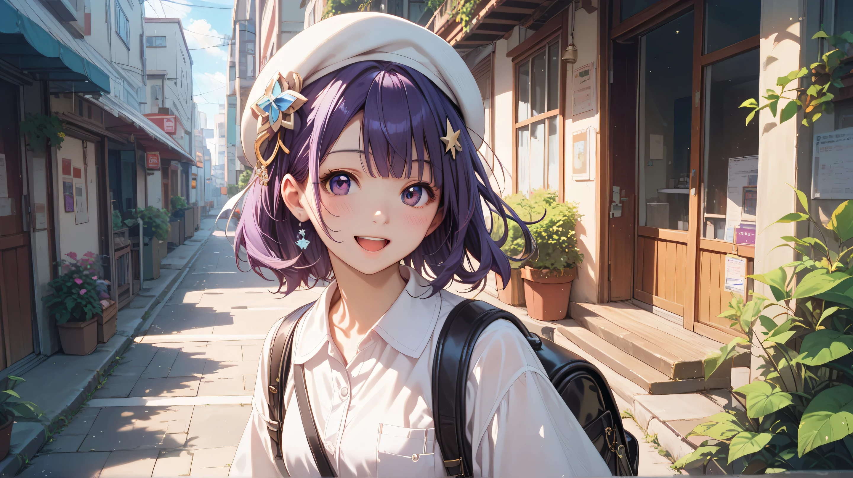 masterpiece,best quality,amazing quality, yokoya riko, purple hair, purple eyes, 1girl, solo, hat, hair ornament, open mouth, smile, backpack, outdoors, bag, looking at viewer, beret, blush, white headwear, white shirt