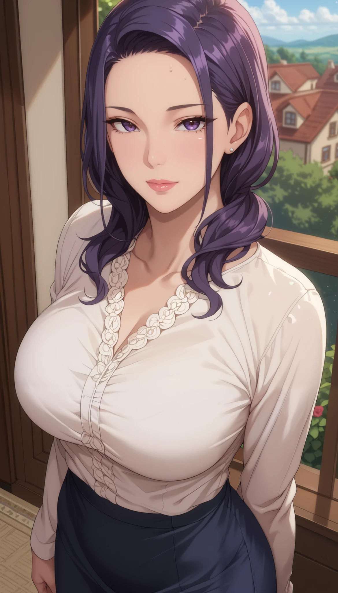 (masterpiece, best_quality:1.2), 1girl, solo, mature female, purple hair, long hair, (housewife:1.5, casual clothes, skirt, long sleeves), beautiful eyes, female focus, looking at viewer, large breast, wide hips, ((above view)) ((close up shot)) ((solo)) detailed, very high resolution, no blurry image, (cowboy shot), standing, beautiful, elegant, serene expression, intricate details, detailed background, in the bedroom