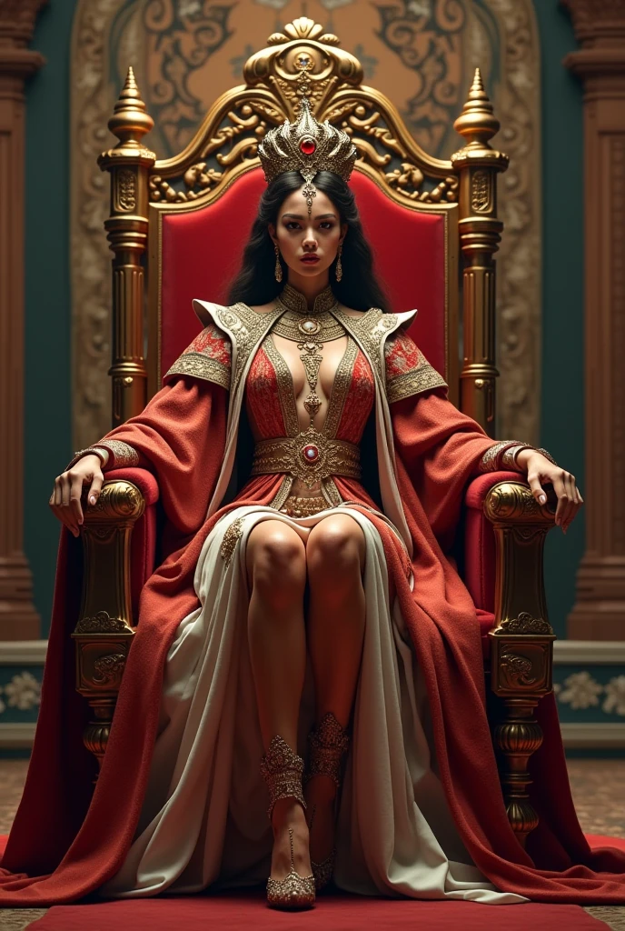 Woman on a throne enslaving men, misandric reality where there is a woman as queen enslaving men