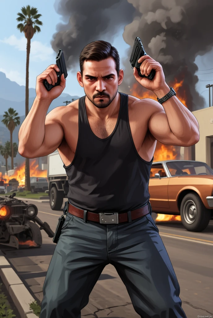 Cartoon art, GTA V Style. a young man, about 30 years old, in dynamic pose, holding 2 pistolas, in action scene, dynamic Angle, handsome man, detailed illustration, vivid colors, burning car in background. 