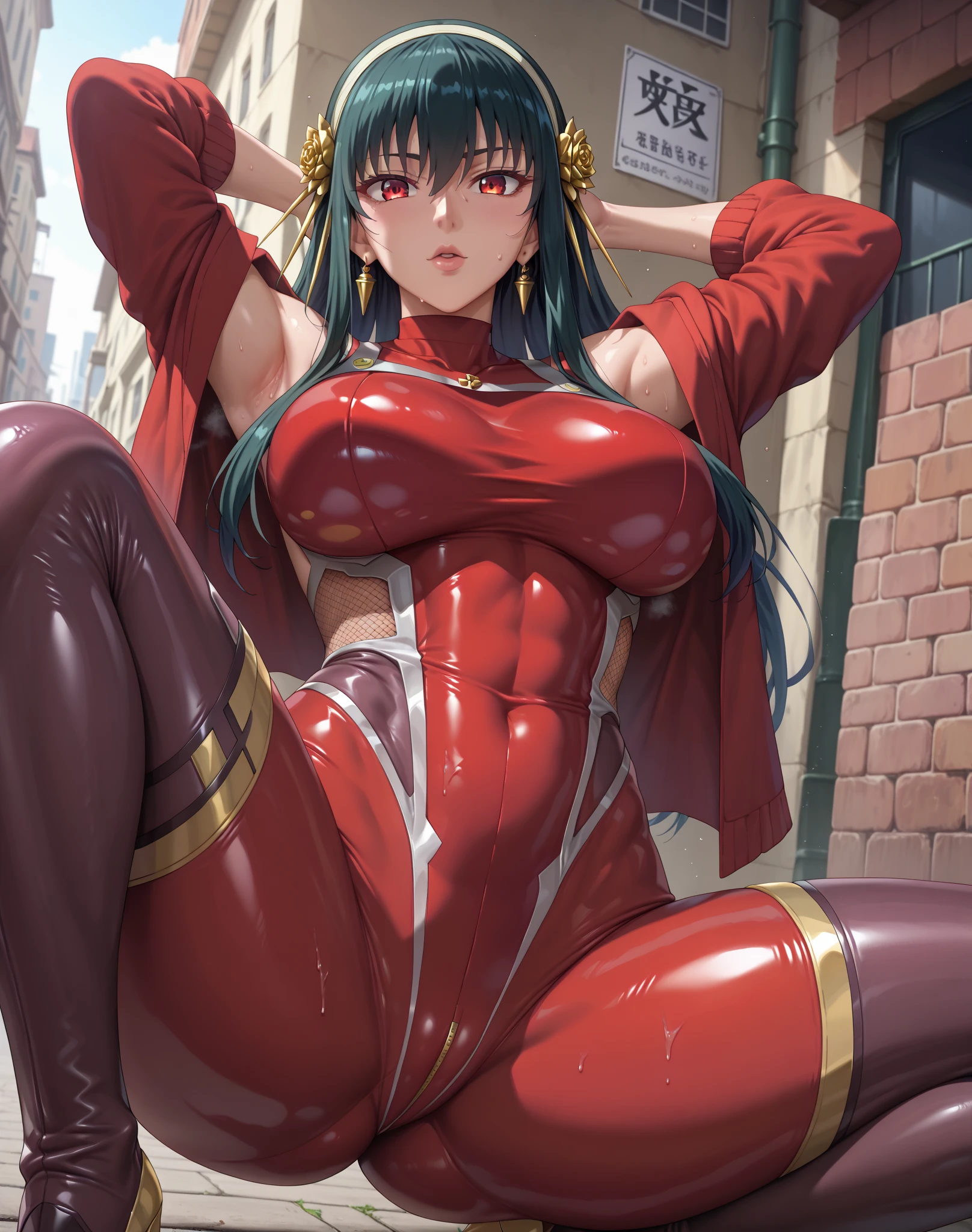  interruption source _Anime, viewers sweat a lot, 1 girl, bangs, underbust,  THIG-LENGTH SOCKS,large breasts, (taimanin suit), (two breast), , dark alleyナイトシティ,  taimanin suit, body suit, beautiful detailed eyes, ガニ股, latex, leotard, open legs, Yor briar, arm behind head