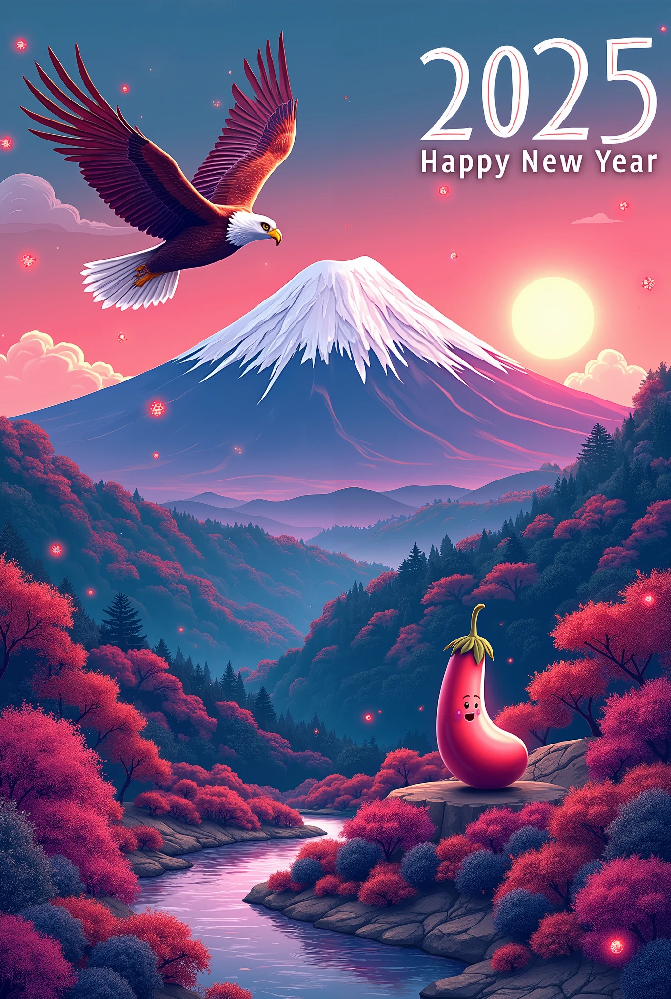 1girl, beautiful detailed eyes, beautiful detailed lips, extremely detailed eyes and face, long eyelashes, young woman, happy expression, looking at camera, detailed portrait, in traditional japanese new year landscape, fuji mountain, hawk flying, eggplant, new year's card, text overlay "2025 Happy New Year", multiple exposure, white snake line art glowing