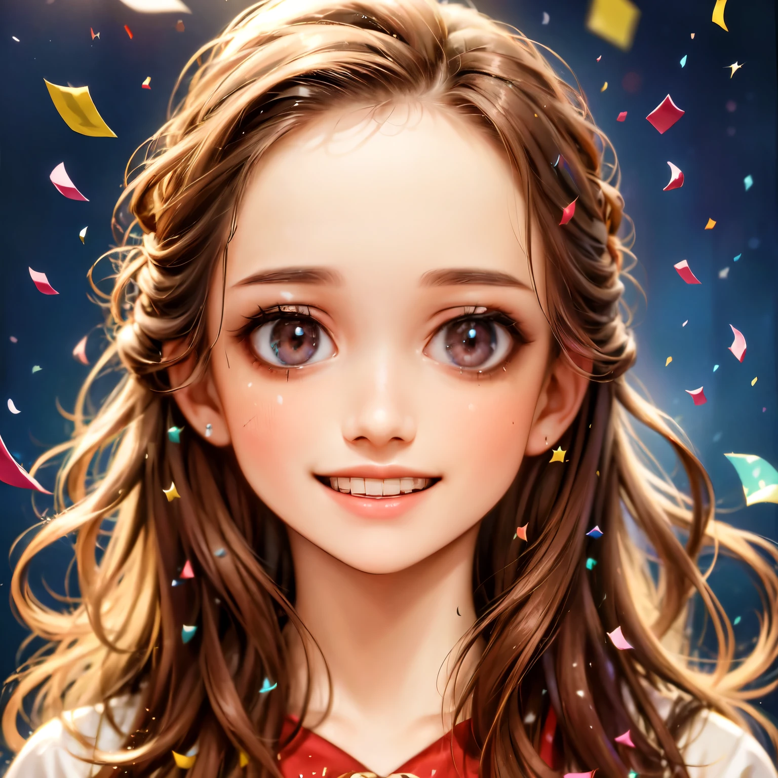  happy new year, cute girls, smiling, joy, celebration,  hat, confetti, fairy lights, colorful background, warm lighting, detailed facial features, beautiful detailed eyes, beautiful detailed lips, extremely detailed face, high quality, 8k, photorealistic, masterpiece, cinematic lighting, vibrant colors, studio lighting