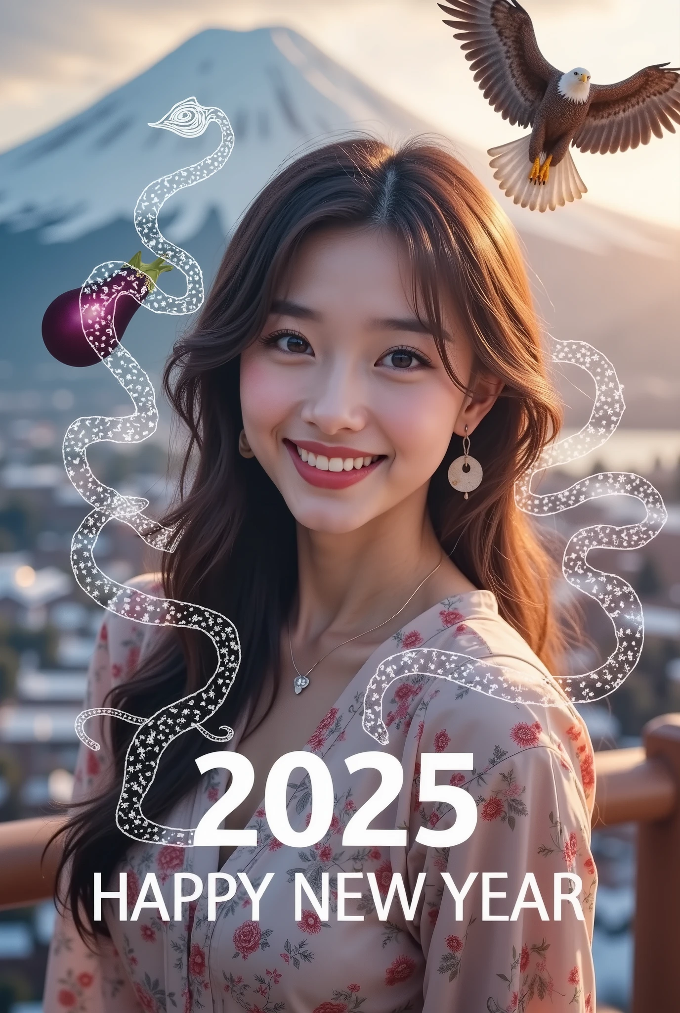 1girl, beautiful detailed eyes, beautiful detailed lips, extremely detailed eyes and face, long eyelashes, young woman, happy expression, looking at camera, detailed portrait, in traditional japanese new year landscape, fuji mountain, hawk flying, eggplant, new year's card, text overlay "2025 Happy New Year", multiple exposure, white snake line art glowing