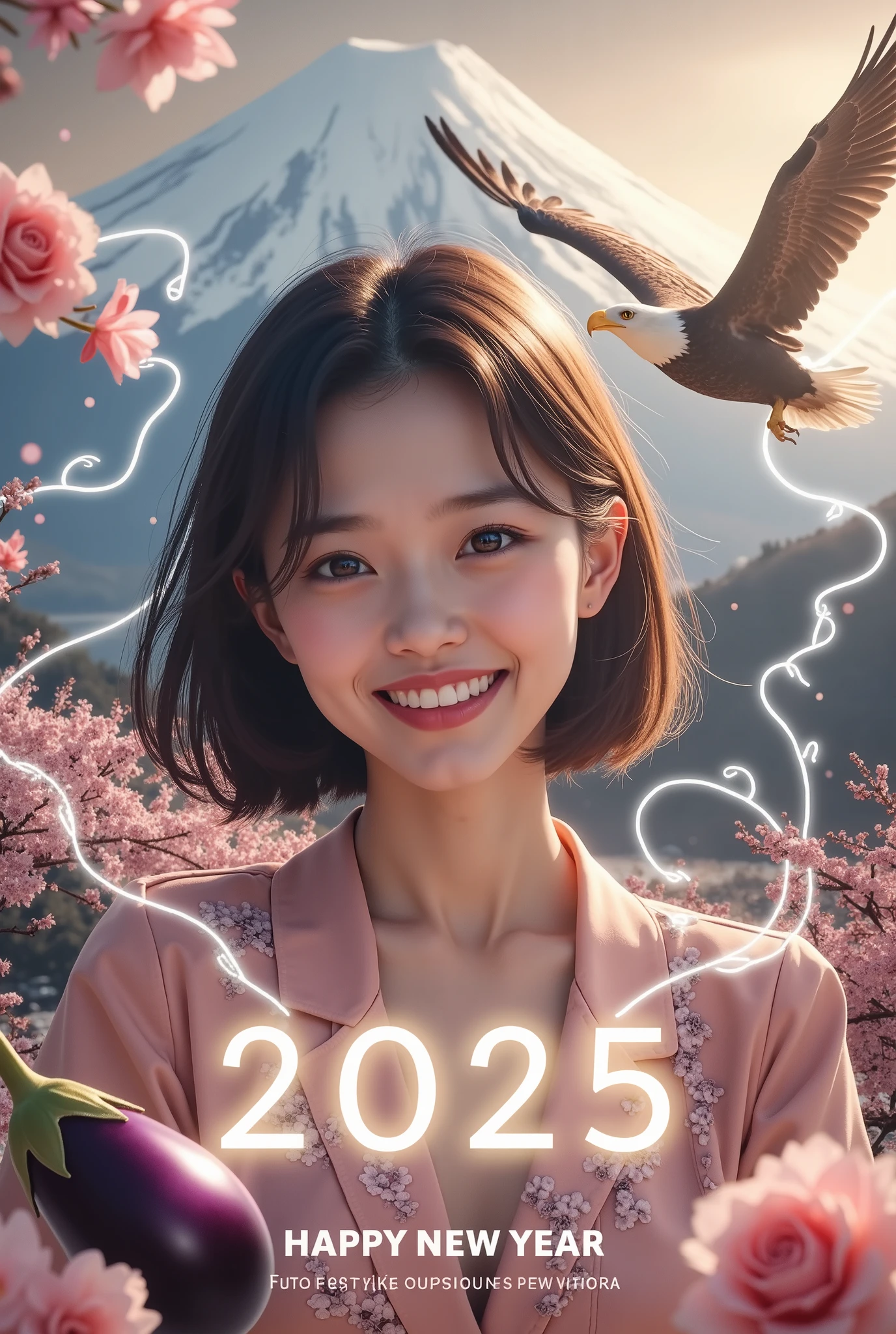 1girl, beautiful detailed eyes, beautiful detailed lips, extremely detailed eyes and face, long eyelashes, young woman, happy expression, looking at camera, detailed portrait, in traditional japanese new year landscape, fuji mountain, hawk flying, eggplant, new year's card, text overlay "2025 Happy New Year", multiple exposure, white snake line art glowing