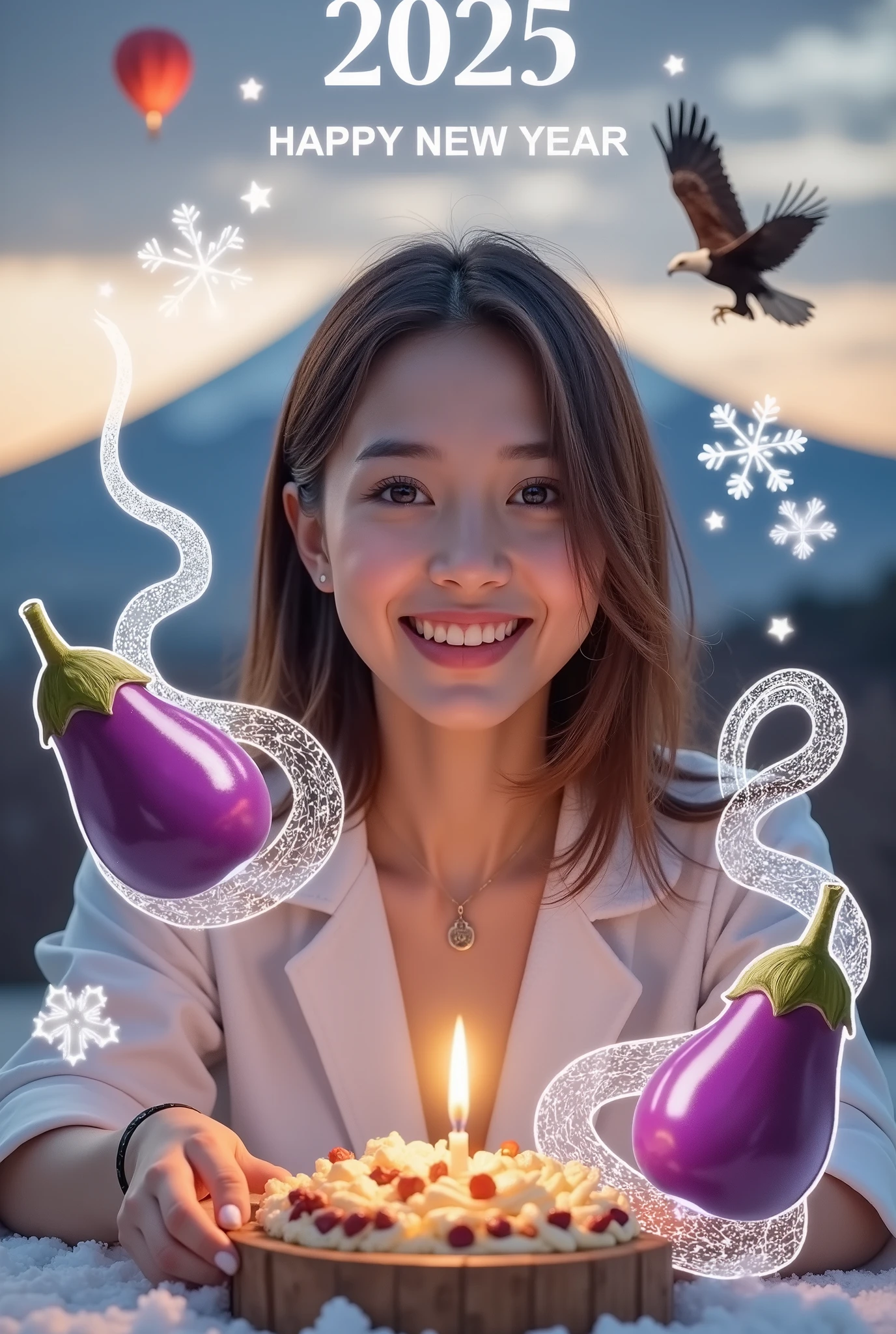 1girl, beautiful detailed eyes, beautiful detailed lips, extremely detailed eyes and face, long eyelashes, young woman, happy expression, looking at camera, detailed portrait, in traditional japanese new year landscape, fuji mountain, hawk flying, eggplant, new year's card, text overlay "2025 Happy New Year", multiple exposure, white snake line art glowing