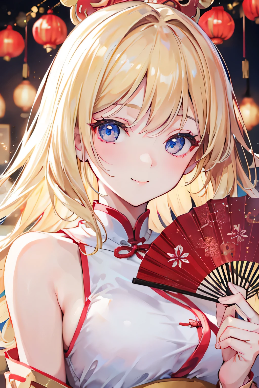 high resolution,smile,woman,woman1人,adult,cute, Medium Hair,wavy hair, 
Blonde Hair,Light blue eyes, Red Chinese Dress,whole body, BREAK Background white,