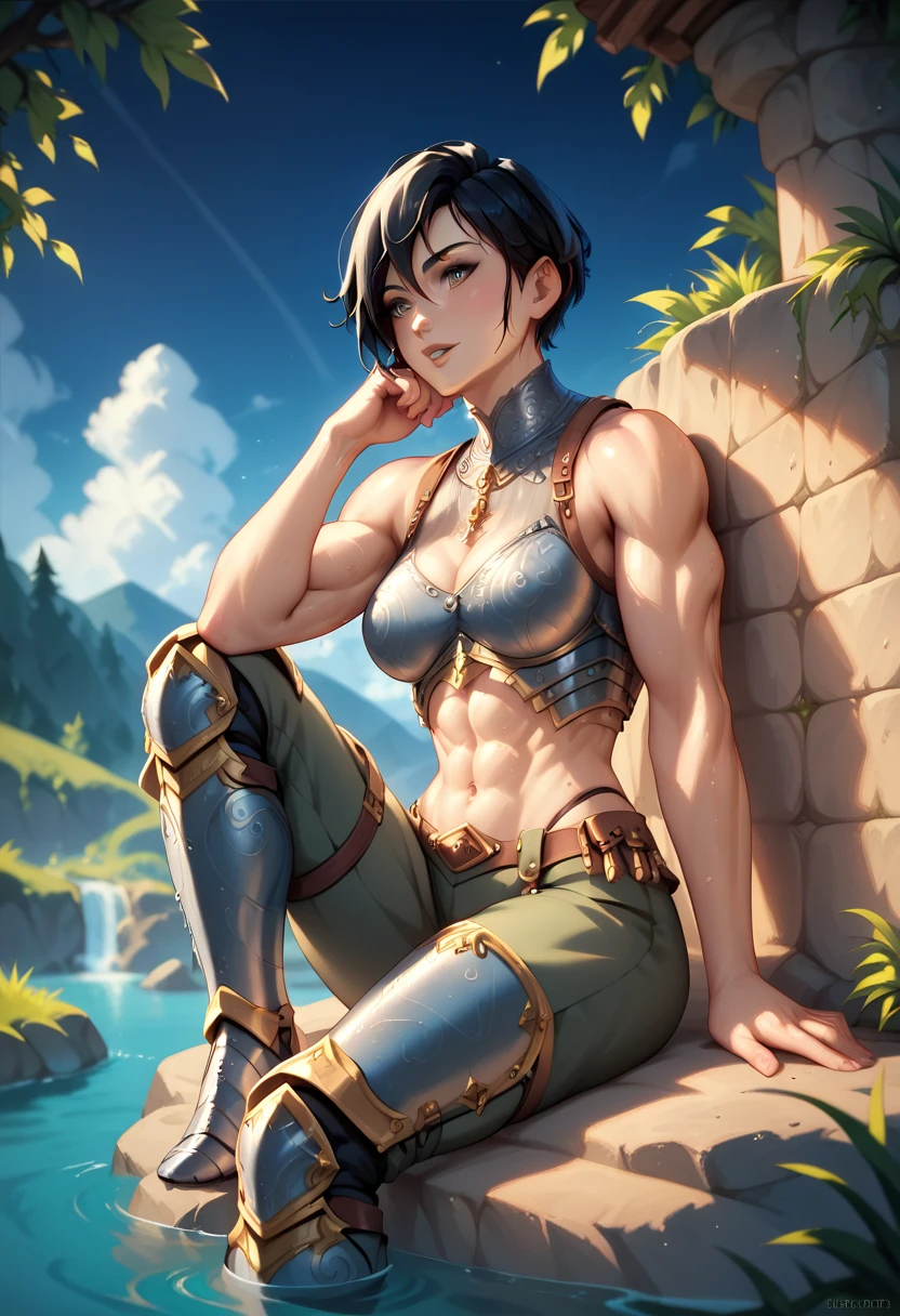 (solo, 1 fit girl, masterpiece, best quality) An illustration of a young woman in a fantasy setting. She is sitting on a rocky shore near the water, resting one hand on the ground while lightly touching her head with the other. The woman is slender with a well-defined muscular build and super narrow wasp-waist. She has short black hair. Her eyes are grey, expressive, and have a greenish hue. She is wearing a form-fitting black sleeveless tank top and armor: metallic plate greaves, and detailed metal boots. Next to her lies a katana with a simple yet elegant design, planted in the ground. The background consists of warm and cozy medieval war-camp at night with bonefire. The atmosphere is calm, with soft, diffused lighting highlighting the details of her metallic armor and the textures of the rocks. Ensure the proportions of her body are realistic, and the pose conveys a dynamic yet relaxed feel.