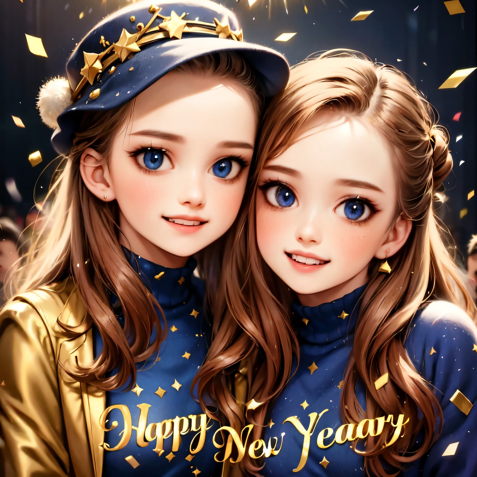 cute boys, 1boy, happy new year, new year, detailed face, beautiful detailed eyes, beautiful detailed lips, extremely detailed eyes and face, long eyelashes, happy expression, smiling, wearing  hat, confetti, fireworks, warm lighting, vibrant colors, cinematic lighting, award winning photo, hyper detailed, 8k, high resolution, masterpiece