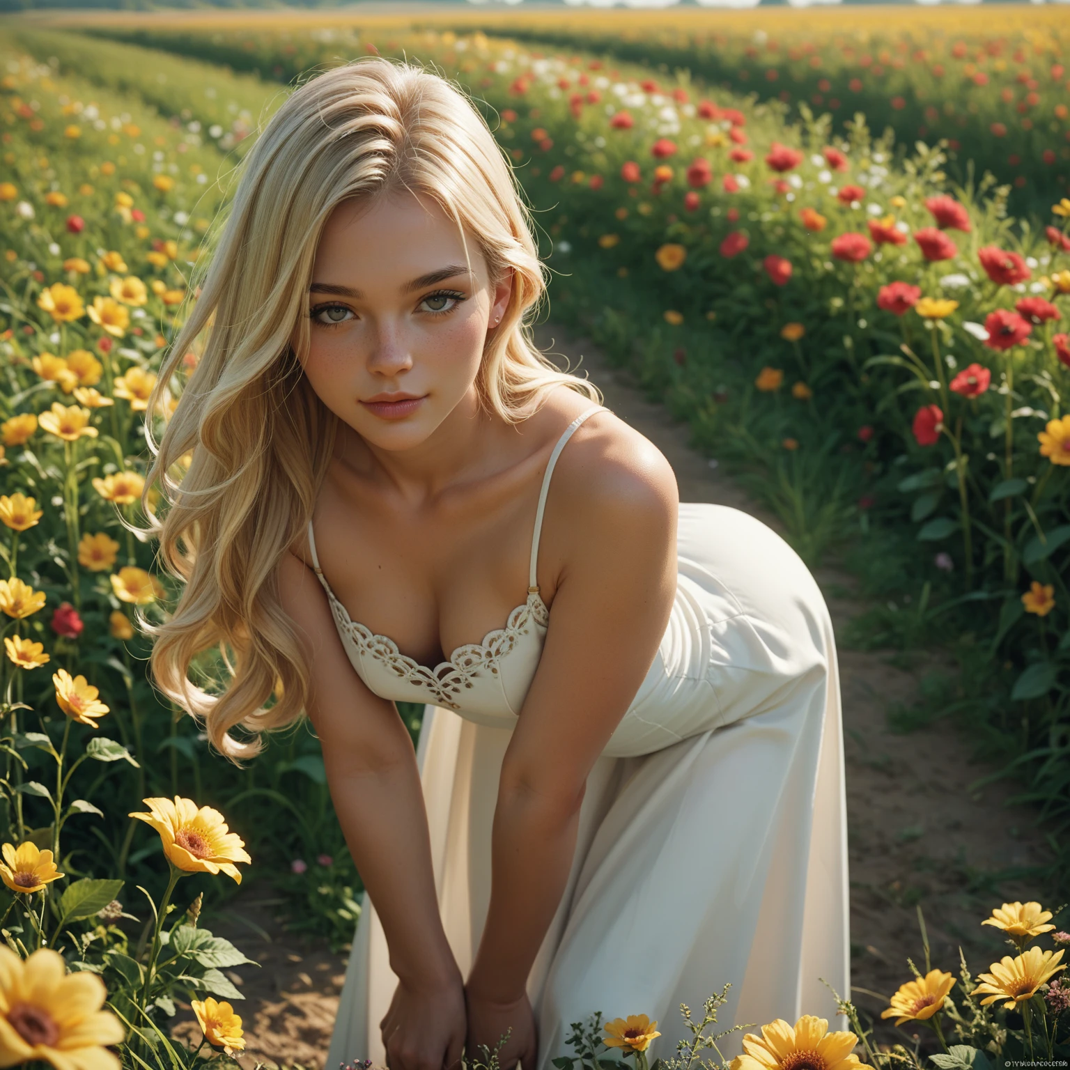 1woman, farmer, hands between knees, floral country dress, field, intense blush, beautiful face, green eyes, blonde hair, crownbraid, ponytail, cleavage, dutch angle, sunlight, wind, sun flowers, corn field, lying on side, lying on haybail