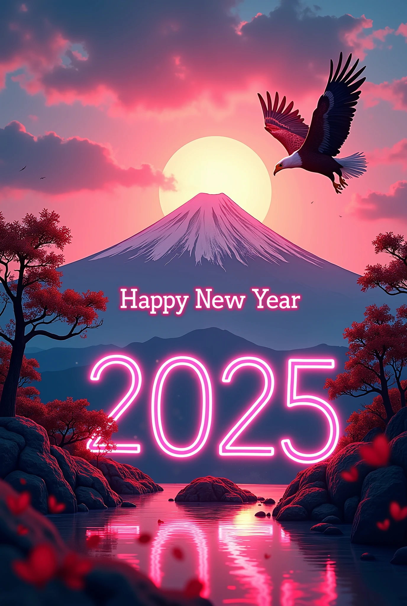 1girl, beautiful detailed eyes, beautiful detailed lips, extremely detailed eyes and face, long eyelashes, young woman, happy expression, looking at camera, detailed portrait, in traditional japanese new year landscape, fuji mountain, hawk flying, eggplant, new year's card, text overlay "2025 Happy New Year", multiple exposure, white snake line art glowing