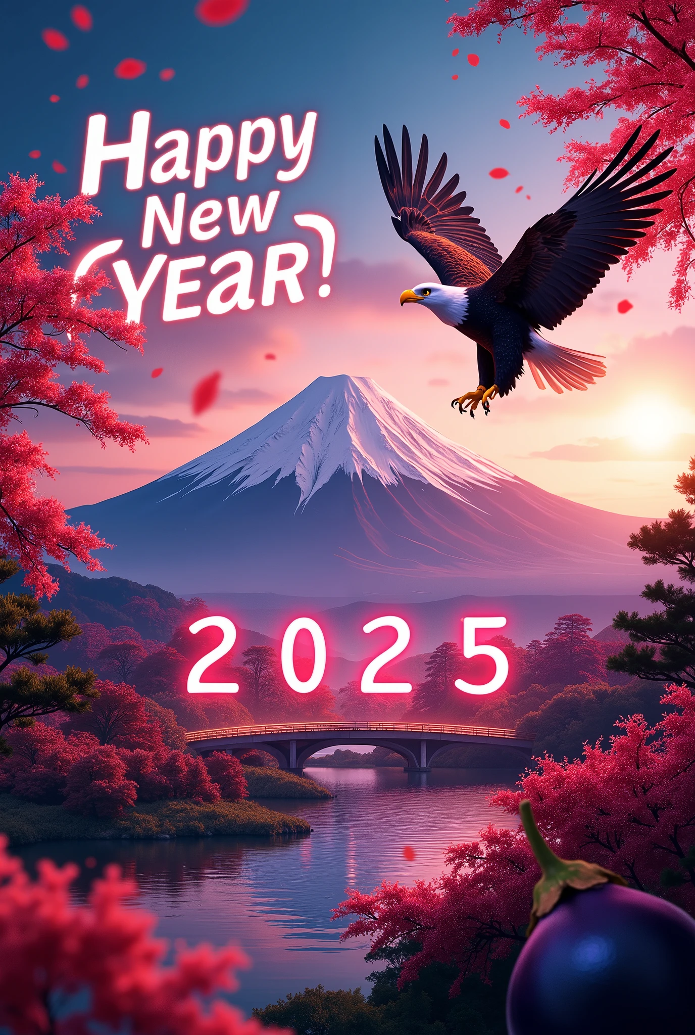 1girl, beautiful detailed eyes, beautiful detailed lips, extremely detailed eyes and face, long eyelashes, young woman, happy expression, looking at camera, detailed portrait, in traditional japanese new year landscape, fuji mountain, hawk flying, eggplant, new year's card, text overlay "2025 Happy New Year", multiple exposure, white snake line art glowing