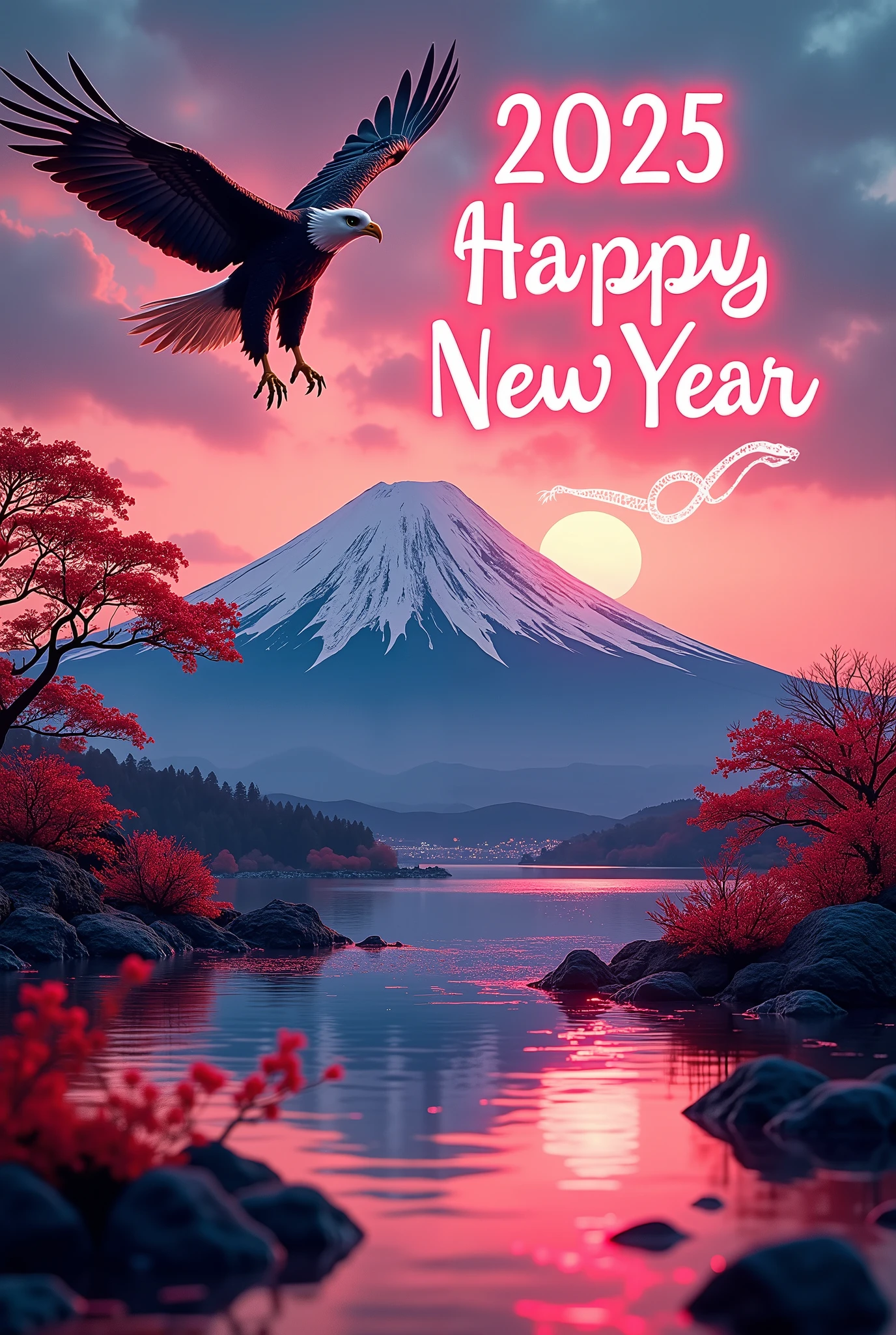  Happy Birthdayの風景写真, (New Year's landscape, 1:Mount Fuji, 2:eagle, 3:(eggplant),  Happy Birthday,  insert , text, “2025 Happy New Year”),  New Year's celebration ,  (Multiple Exposure, ( white snake drawn with glow line art)), 