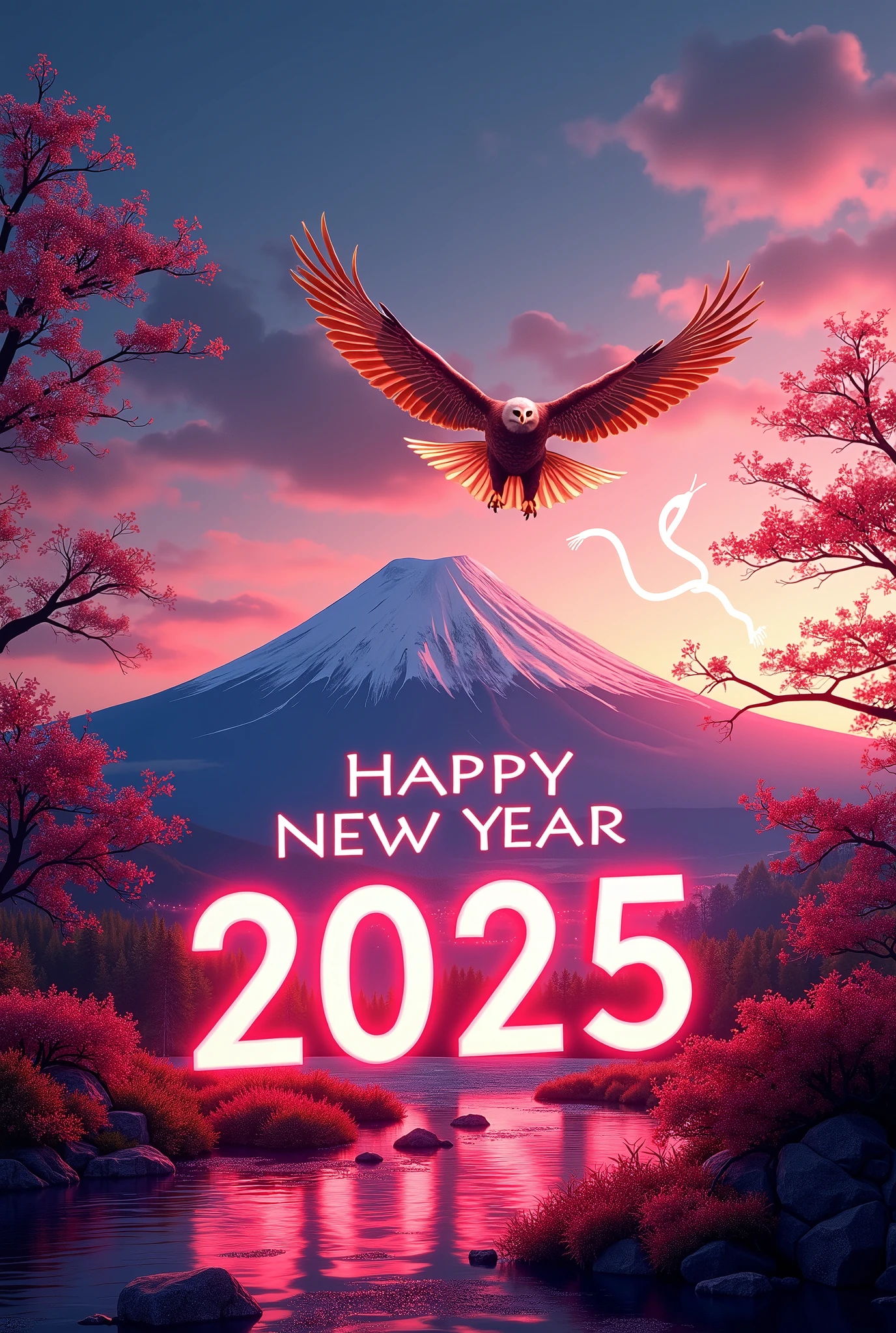 1girl, beautiful detailed eyes, beautiful detailed lips, extremely detailed eyes and face, long eyelashes, young woman, happy expression, looking at camera, detailed portrait, in traditional japanese new year landscape, fuji mountain, hawk flying, eggplant, new year's card, text overlay "2025 Happy New Year", multiple exposure, white snake line art glowing