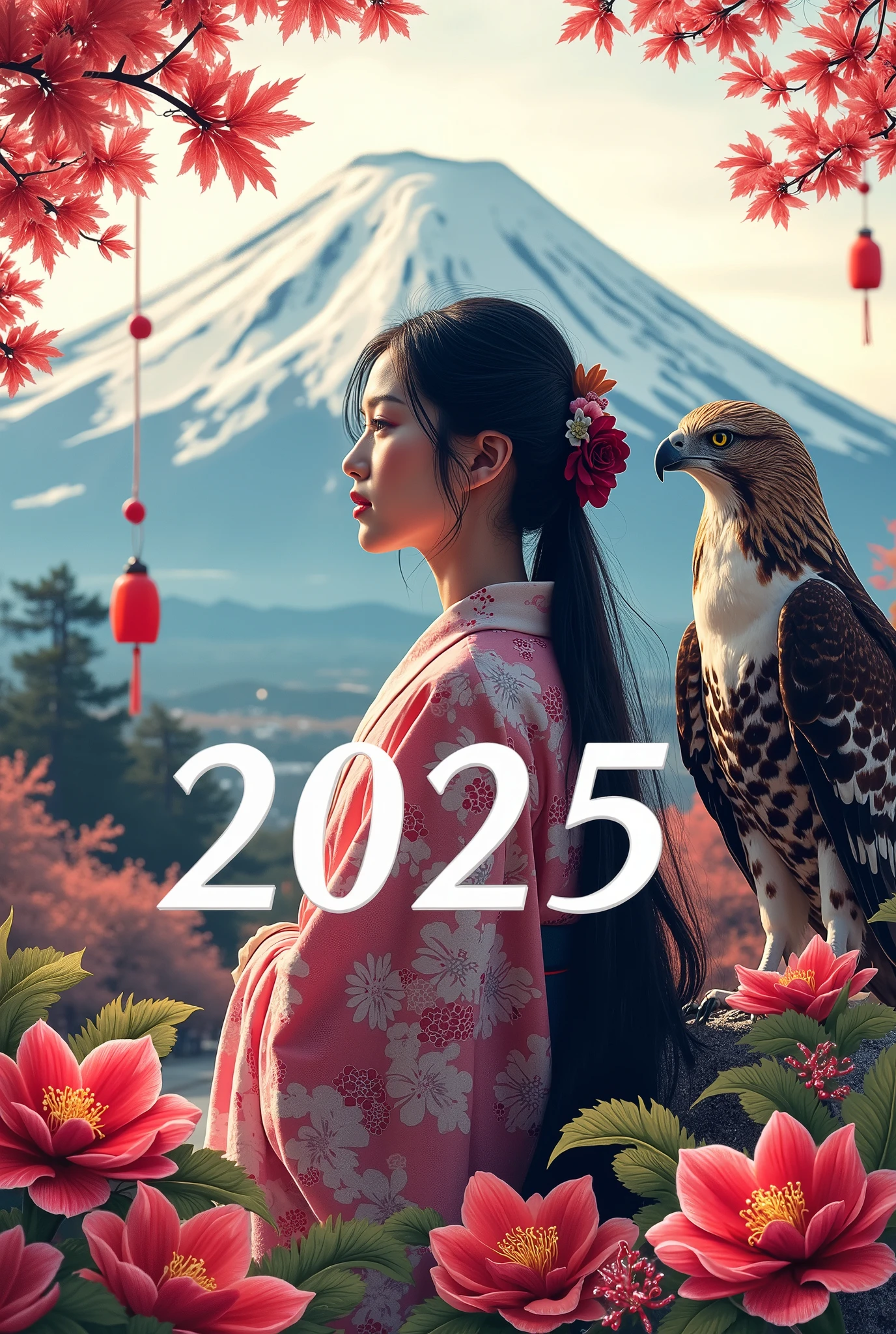 1girl, beautiful detailed eyes, beautiful detailed lips, extremely detailed eyes and face, long eyelashes, young woman, happy expression, looking at camera, detailed portrait, in traditional japanese new year landscape, fuji mountain, hawk flying, eggplant, new year's card, text overlay "2025 Happy New Year", multiple exposure, white snake line art glowing