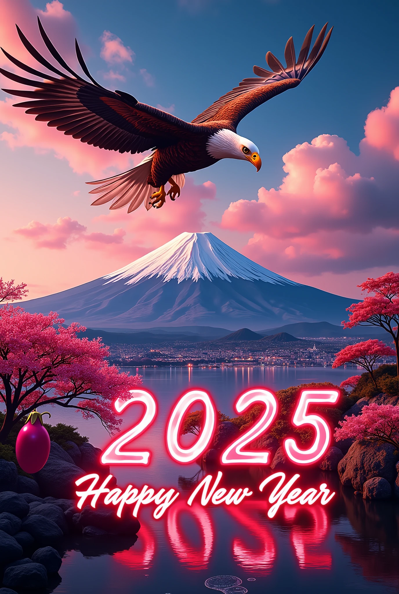 1girl, beautiful detailed eyes, beautiful detailed lips, extremely detailed eyes and face, long eyelashes, young woman, happy expression, looking at camera, detailed portrait, in traditional japanese new year landscape, fuji mountain, hawk flying, eggplant, new year's card, text overlay "2025 Happy New Year", multiple exposure, white snake line art glowing