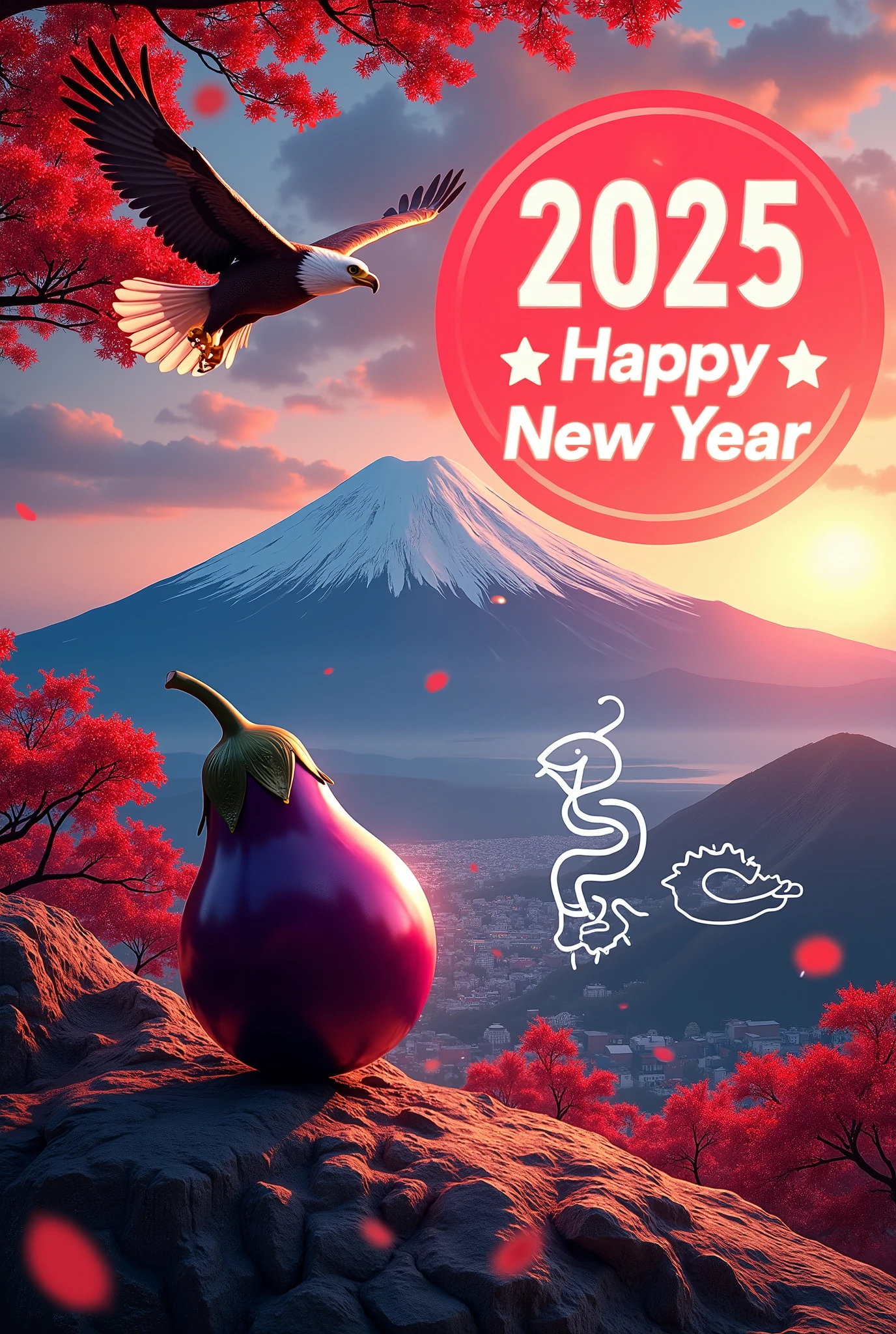 1girl, beautiful detailed eyes, beautiful detailed lips, extremely detailed eyes and face, long eyelashes, young woman, happy expression, looking at camera, detailed portrait, in traditional japanese new year landscape, fuji mountain, hawk flying, eggplant, new year's card, text overlay "2025 Happy New Year", multiple exposure, white snake line art glowing