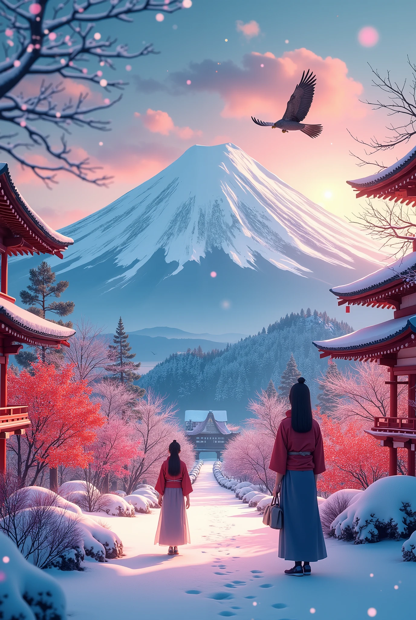 a beautiful detailed landscape of mt. fuji with a hawk in the sky, snowy winter scenery, traditional japanese new year's postcard, 1 girl, 2 girls, (photorealistic, 8k, best quality, masterpiece:1.2), (ultra-detailed, realistic, photo-realistic:1.37), (multiple exposure, glow line art snake), (new year celebration, happy new year 2025 text overlay)