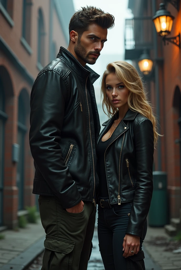 women in leather business suits, blazers, long leather flared pants, leather tops and leather ties ,short blond hair pixie cuts posing next to a man husband who wears jeans and a tshirt