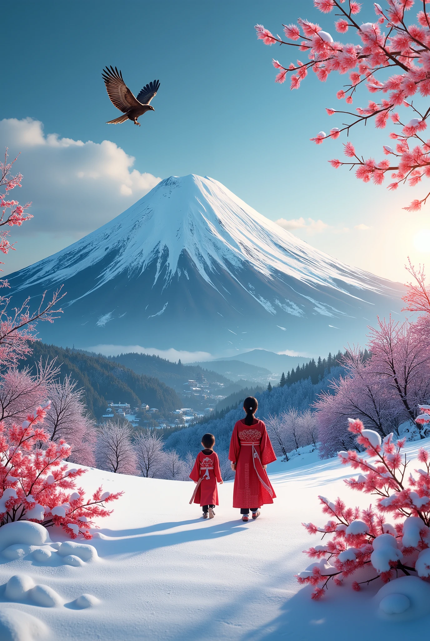 a beautiful detailed landscape of mt. fuji with a hawk in the sky, snowy winter scenery, traditional japanese new year's postcard, 1 girl, 2 girls, (photorealistic, 8k, best quality, masterpiece:1.2), (ultra-detailed, realistic, photo-realistic:1.37), (multiple exposure, glow line art snake), (new year celebration, happy new year 2025 text overlay)