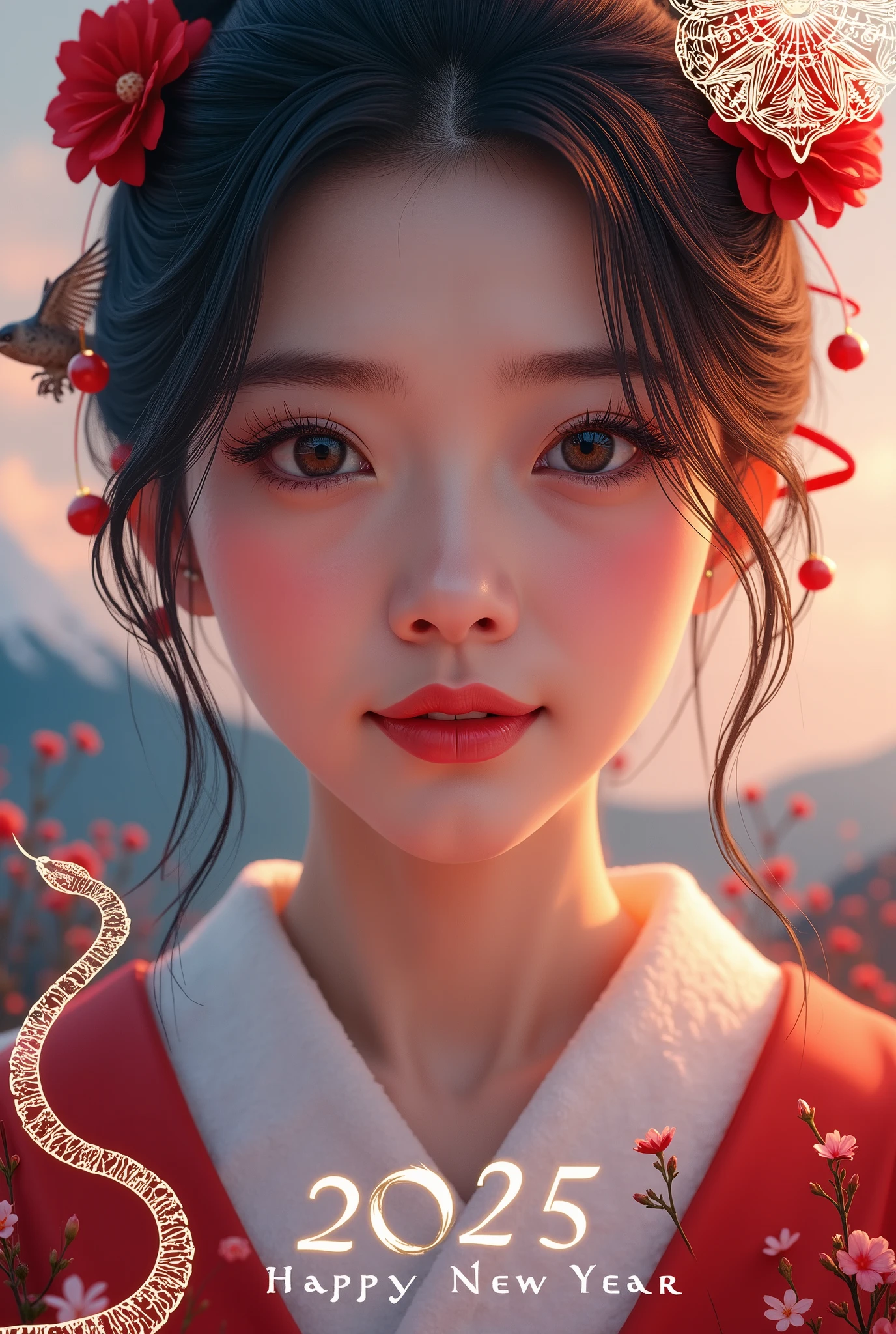 1girl, beautiful detailed eyes, beautiful detailed lips, extremely detailed eyes and face, long eyelashes, young woman, happy expression, looking at camera, detailed portrait, in traditional japanese new year landscape, fuji mountain, hawk flying, eggplant, new year's card, text overlay "2025 Happy New Year", multiple exposure, white snake line art glowing