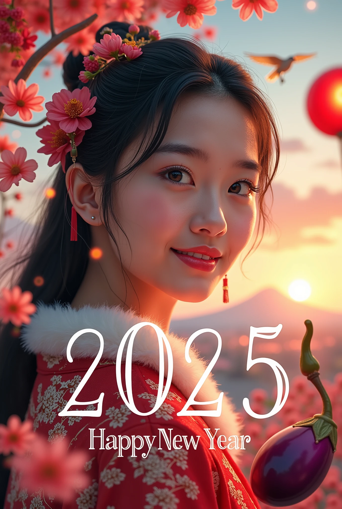 1girl, beautiful detailed eyes, beautiful detailed lips, extremely detailed eyes and face, long eyelashes, young woman, happy expression, looking at camera, detailed portrait, in traditional japanese new year landscape, fuji mountain, hawk flying, eggplant, new year's card, text overlay "2025 Happy New Year", multiple exposure, white snake line art glowing