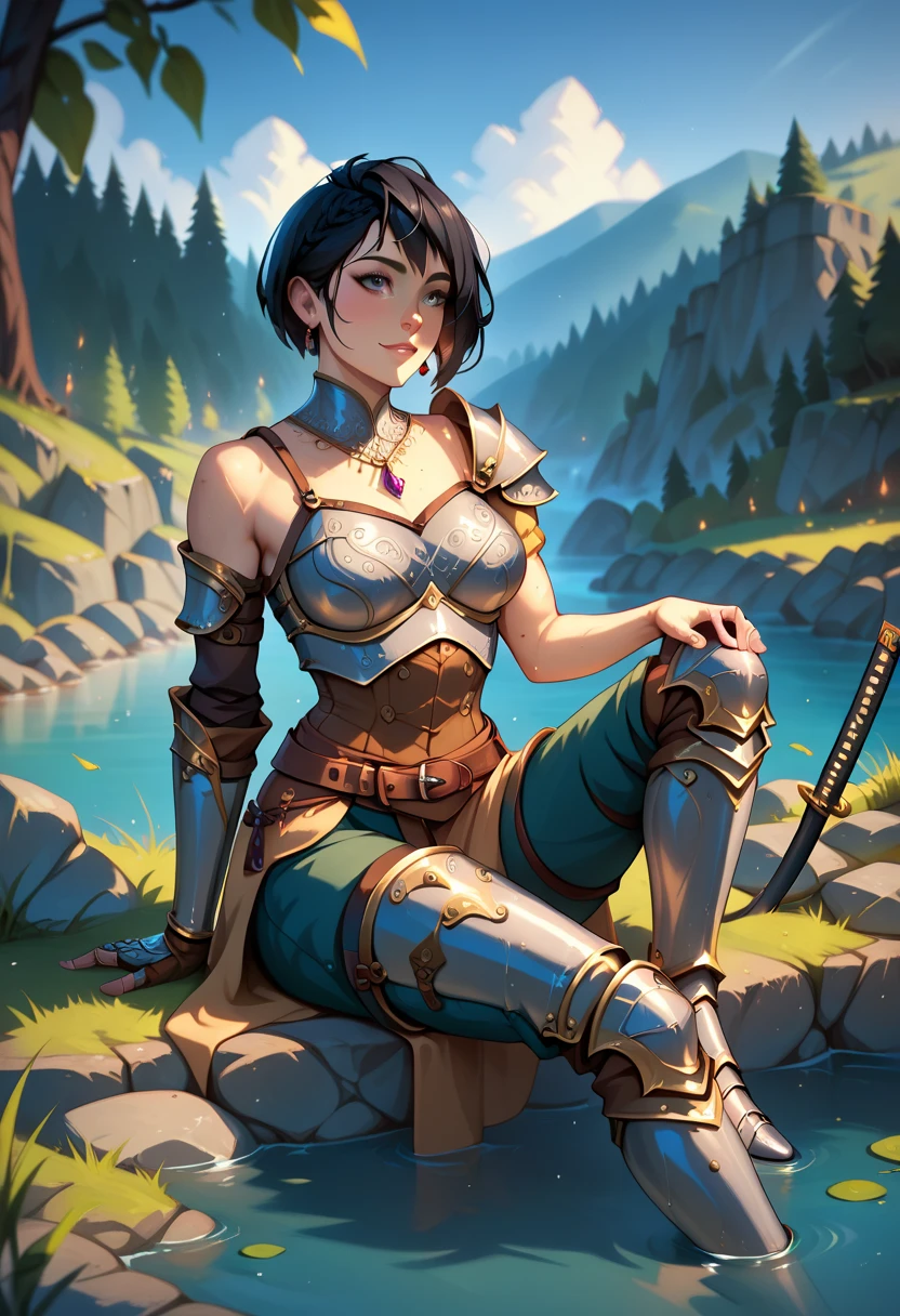 (solo, 1 fit girl, masterpiece, best quality) An illustration of a young woman in a medieval setting. She is sitting on a rocky shore near the water, resting one hand on the ground while lightly touching her head with the other. The woman is slender with a well-defined fit build and super narrow wasp-waist. She has short black hair. Her eyes are grey, expressive, and have a greenish hue. She is wearing a form-fitting black sleeveless tank top and armor: metallic plate greaves, a single shoulder pauldron, and detailed metal boots. Next to her lies a katana with a simple yet elegant design, planted in the ground. The background consists of warm and cozy medieval war-camp with bonefire. The atmosphere is calm, with soft, diffused lighting highlighting the details of her metallic armor and the textures of the rocks. Ensure the proportions of her body are realistic, and the pose conveys a dynamic yet relaxed feel.