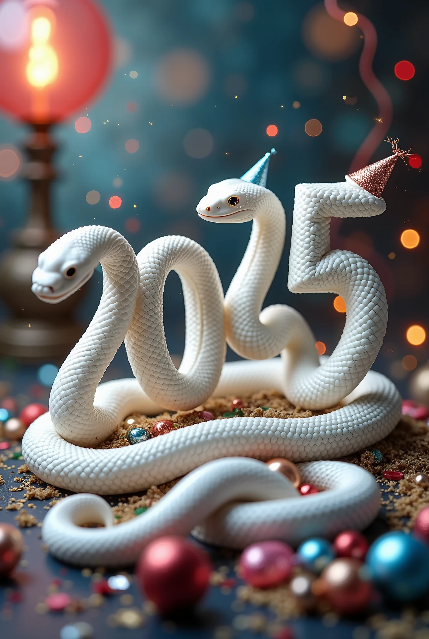 arrange white snakes Drawwing by their body to like the text”2025”, snake characters celebrating the new year