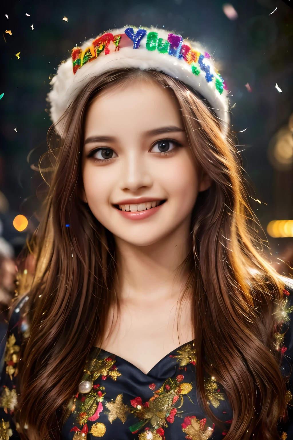 a happy new year celebration,1girl,beautiful detailed eyes,beautiful detailed lips,extremely detailed face and features,longeyelashes,smiling,holding confetti, hat,sparkling lights,fireworks,festive decorations,holiday atmosphere,glowing,cinematic lighting,vibrant colors,intricate details,photorealistic,8k,highres,best quality,masterpiece