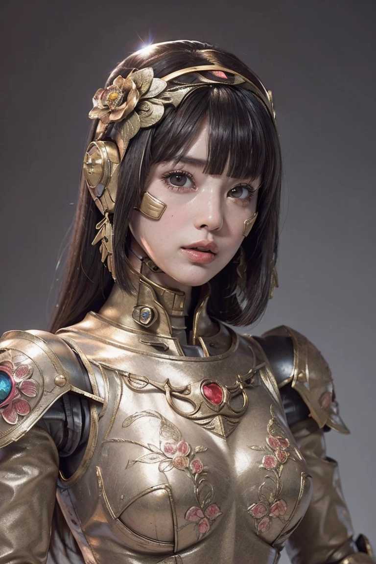 (masterpeace), ((super real photography: 1.5)), ((photo realistic: 1.3)), (real photo), 
young girl with a lot of flowers, ((A young girl robot: 1.5)),  (bust statue: 1.3), 
BREAK
headgear, ((real metalic skin)), ((beautiful face: 1.5)), ((Super cute: 1.5)), ((babyface: 1.5)), ((well-balanced face)), longeyelashes, stunning big eyes, luscious glossy lips, ((blunt bangs: 1.5)), (long hair), 
BREAK
(slender body: 1.3), petite bust, flower bloom, (flowers: 1.5),
BREAK
High-Mechanic body, octane rendering, Super Detailed machine, ((connected electric cables)), 
BREAK
(simple background: 1.3), ((bust shot: 1.3)), cinema quality, professional photograph, (photo studio: 1.5), (Bright Light: 1.2), Eye-Level Shot, wide lens, (fujifilm 35mm), (film photo), RAW, Excessive Embellishment, UHD, 
BREAK
anatomically correct, textured skin, best quality, 8k