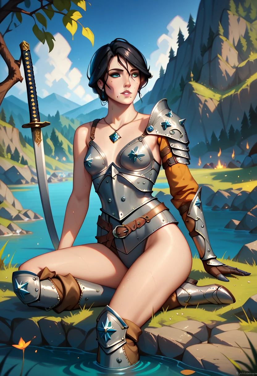 (solo, 1 fit girl, masterpiece, best quality, small breasts, witcher armour) An illustration of a young woman in a medieval setting. She is sitting on a rocky shore near the water, resting one hand on the ground while lightly touching her head with the other. The woman is slender with a well-defined fit build and super narrow wasp-waist. She has short black hair. Her eyes are grey, expressive, and have a greenish hue. She is wearing a form-fitting black sleeveless tank top and armor: metallic plate greaves, a single shoulder pauldron, and detailed metal boots. Next to her lies a katana with a simple yet elegant design, planted in the ground. The background consists of warm and cozy medieval war-camp with bonefire. The atmosphere is calm, with soft, diffused lighting highlighting the details of her metallic armor and the textures of the rocks. Ensure the proportions of her body are realistic, and the pose conveys a dynamic yet relaxed feel.