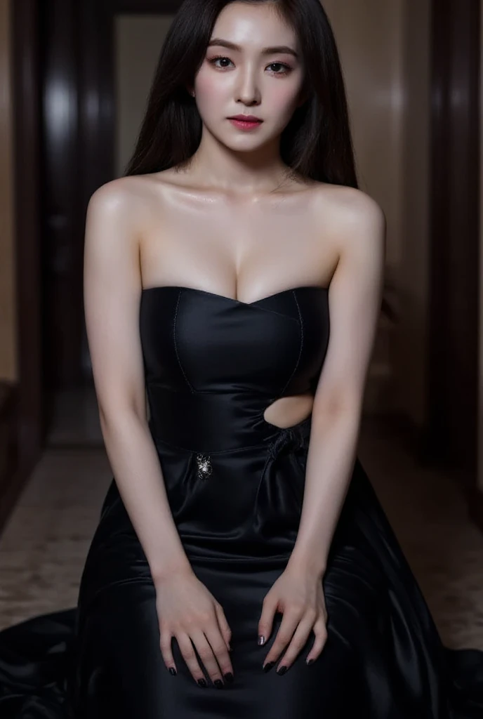 seorang wanita,  sits front facing, black wedding dress,  strapless , cleavage visible