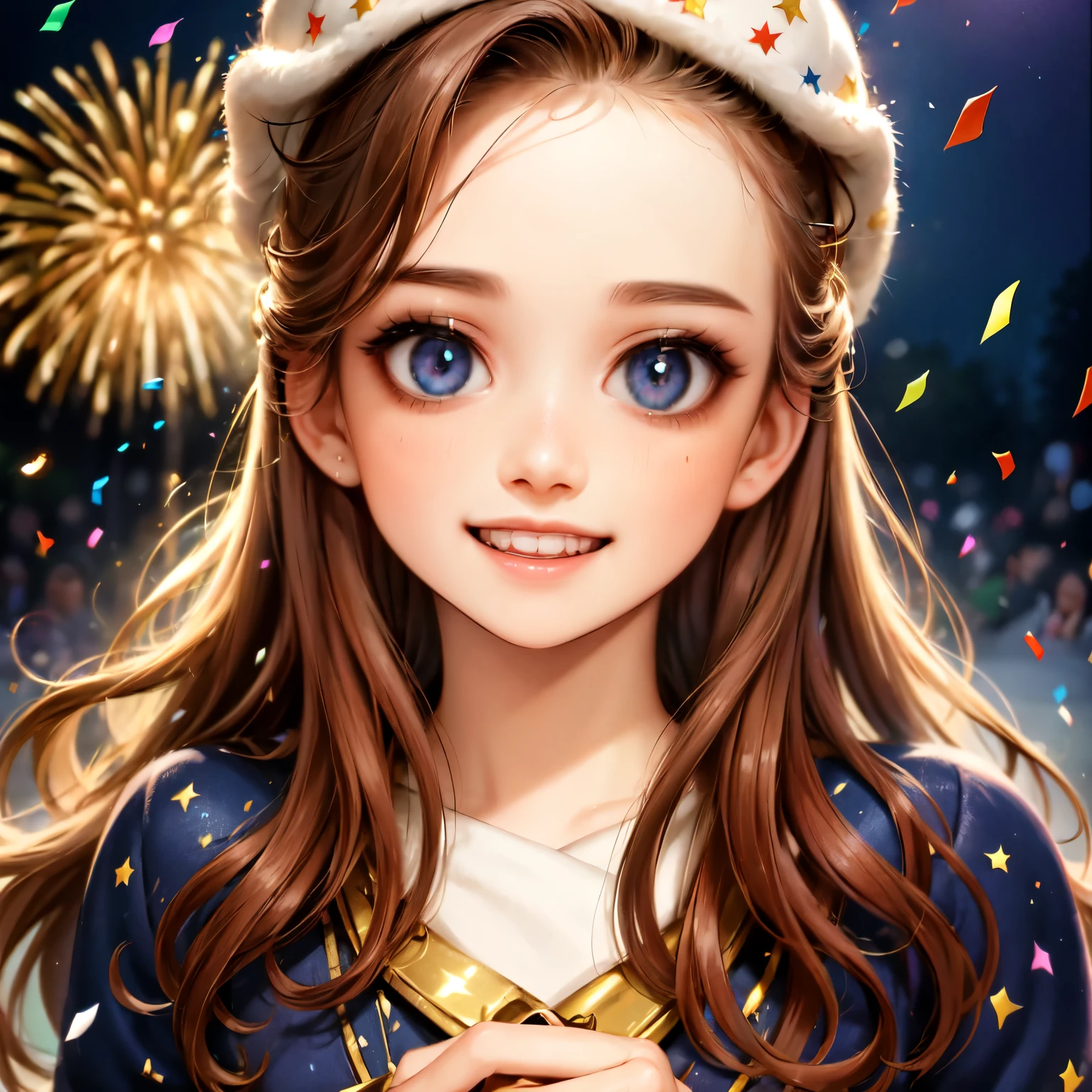 cute boys, 1boy, happy new year, new year, detailed face, beautiful detailed eyes, beautiful detailed lips, extremely detailed eyes and face, long eyelashes, happy expression, smiling, wearing  hat, confetti, fireworks,in background a ,  warm lighting, vibrant colors, cinematic lighting, award winning photo, hyper detailed, 8k, high resolution, masterpiece