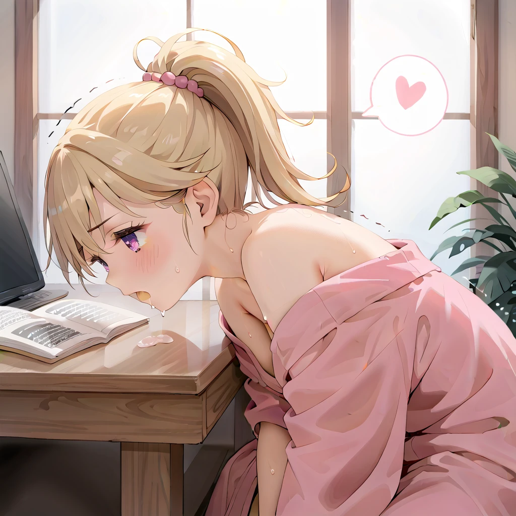 (masterpiece,beautiful,hughres,CG,8k,16k,best quality,high-resolution,detailed eyes:1.5),anime,source anime,illustration,(face close up:1.2),from side,(1girl,Alone:1.5),(indoor,living:1.5),Glass window,Open book,Planting,(across table:1.3),(kotatsu:1.6),(head down,Plunge into the kotatsu :1.6),profile,(arms at sides, put your arms in the kotatsu:1.5),no-hands,Go inside the no-legs ,(blonde hair:1.5),pink eyes,(ponytail:1.4),( light pink yukata :1.5),(off-shoulder),small breasts,sitting,(female orgasm:1.3),(trembling:1.4),(gasping,heavy breathing,blush:1.5),(impatience1.1),flustered,(fidgeting around:1.4),(steam:1.2),(sweat skin,sweat:1.4),(streaming tears:1.3),(drooling:1.1),(looking away:0.5),(looking down:1.4),(spoken heart:1.3),(narrow one's eyes:1.6),(open mouth:1.2)