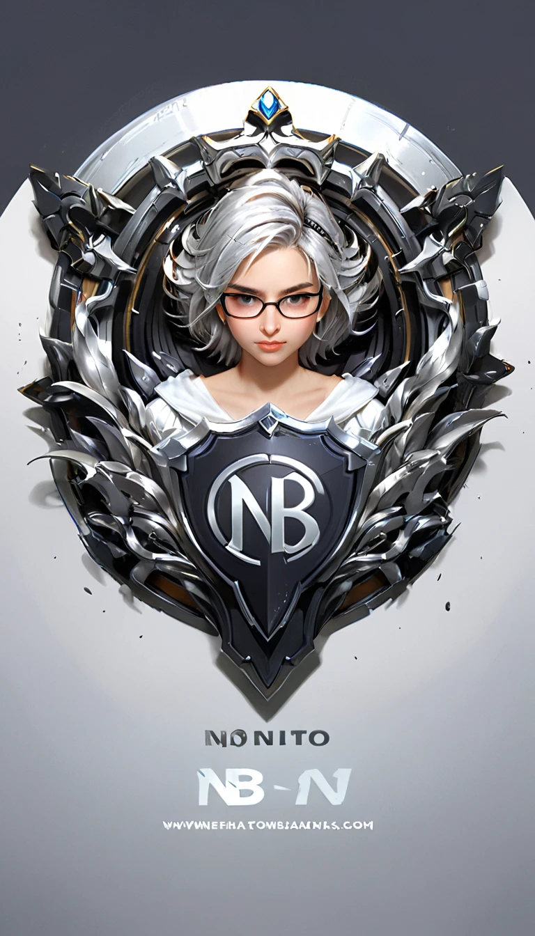 Concept art, layout of book cover for photoshop, highest quality, minimalistic nice design, black smooth leather texture, silver embossing, silver ornate corners, The design features gears and silver natural elements, in the middle is a completely naked silver tomboy girl with short messy disheveled very shaggy hair and in glasses sitted like a indian and holding baronial shield with the ornate monogram "NB" located on it in a medieval Gothic font in the style of Warner Bros.(redrawn from Warner Bros. logo with the inscription "NB"), no lighting of image, (Without background, on the whole image, without backlight, without frontlight), full screen, A4 format, НЕ ОСВЕЩАТЬ ИЗОБРАЖЕНИЕ