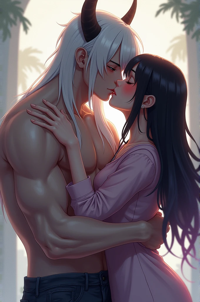 I would like to get an anime-style image of a couple consisting of a man with long platinum hair pulled back in a ponytail, long bangs and a tattoo, stripped to the waist, kissing a woman with black hair, an elongated square haircut and in lilac lace underwear, she hugs him around the neck.