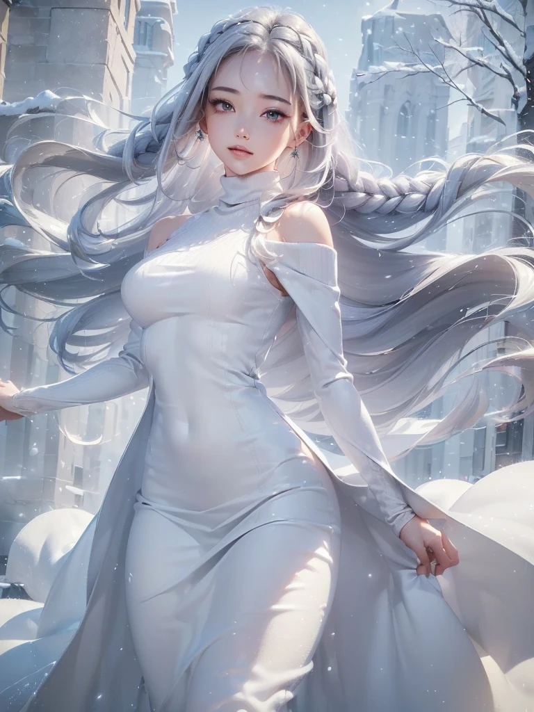 ((masterpiece:1.5、8k、Portraiture、Photorealistic and very detailed CG、Very detailed、Particle Effects、Dynamic Effects、Shallow depth of field、Cinematic Light、Lens flare、Ray Tracing、Tabletop、Realistic:1.4、Ultra-high resolution:1.2、Realistic、Realistic))((alone、,A woman wearing a cashmere coat over an off-the-shoulder dress:1.4、wear a long scarf、Elegant woman posing、Detailed face、brightexpression、young, bright, Whiter skin、Ample breasts、Best Looks、Ultimate beauty、Shiny silver hair with highlights、bright and shiny hair,、Super long, Silky straight hair、Hair dancing in the wind))(morning、The setting is outdoors in the snow、Surrounded by illuminations)
